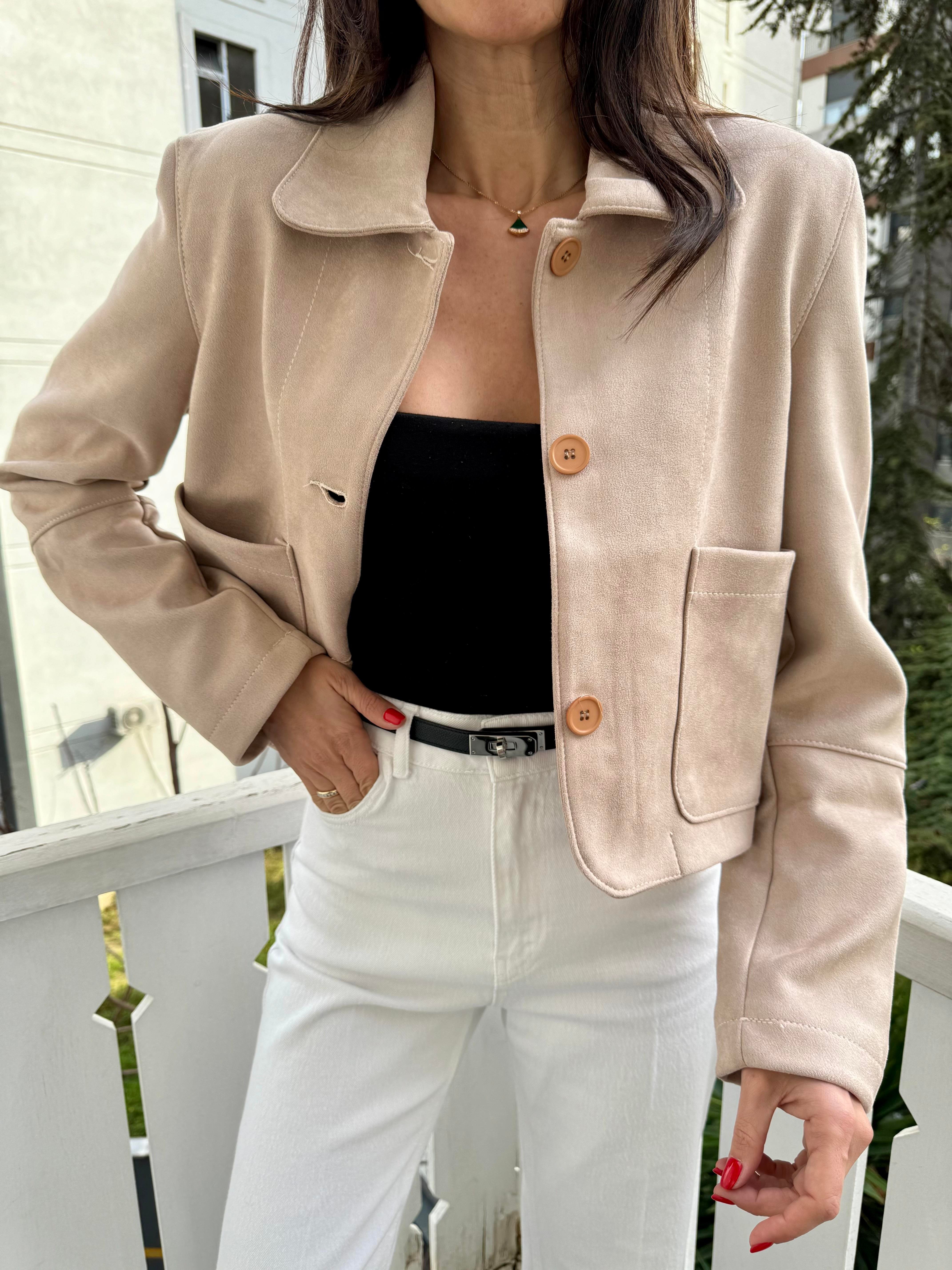 Bej Scuba Süet Cepli Ceket