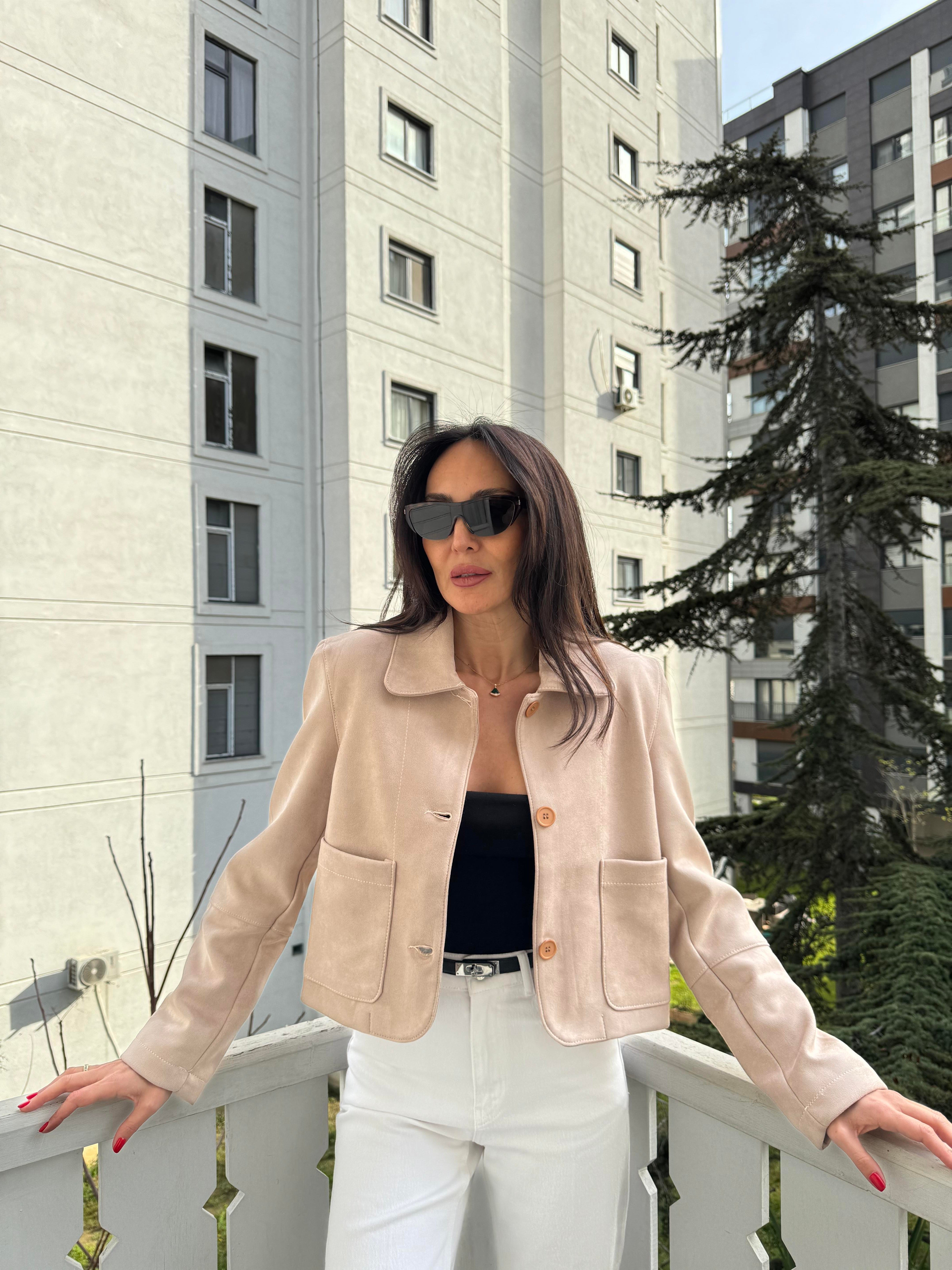 Bej Scuba Süet Cepli Ceket