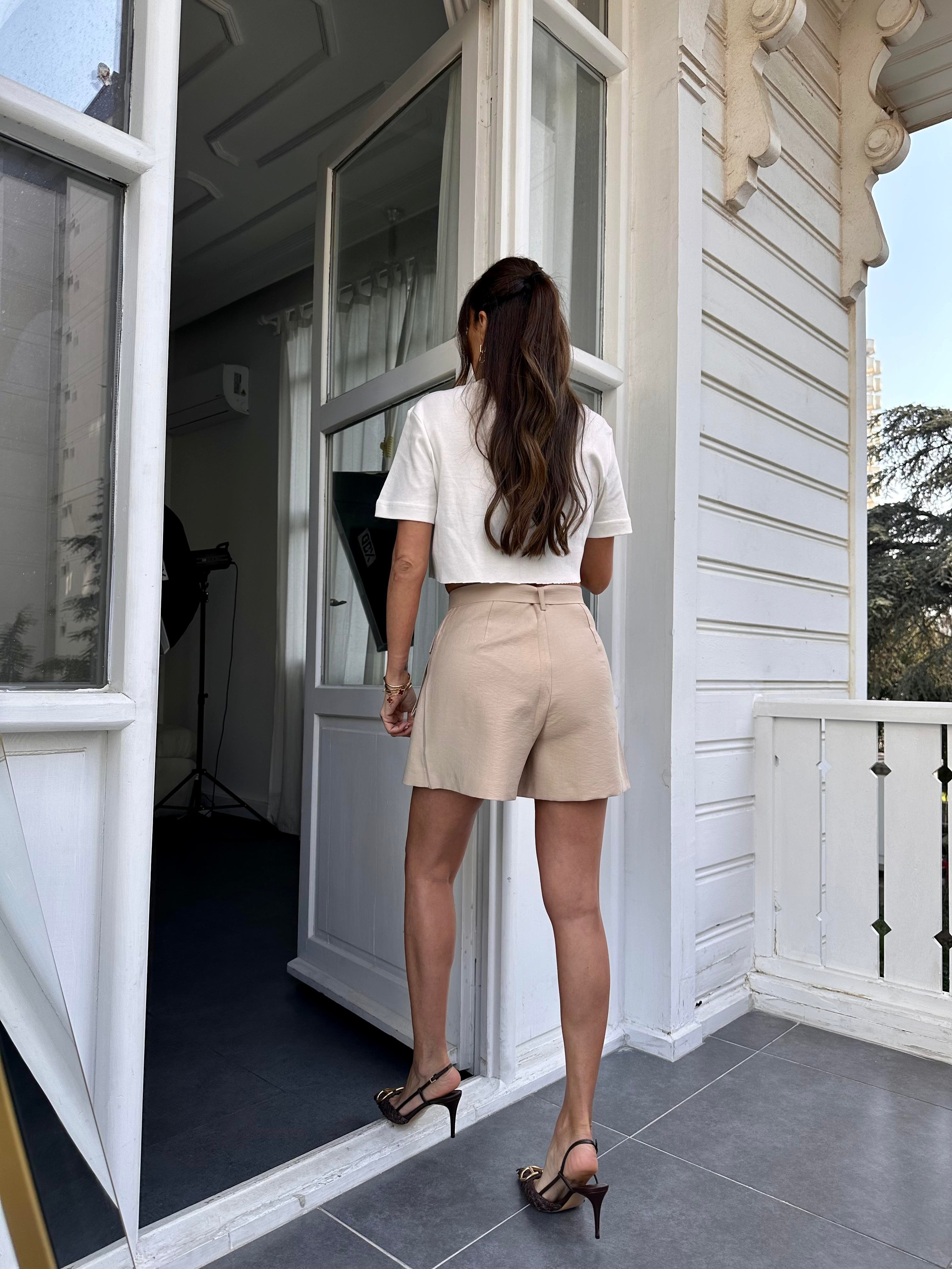 Bej Tencel Kumaş Ceket Şort Takım