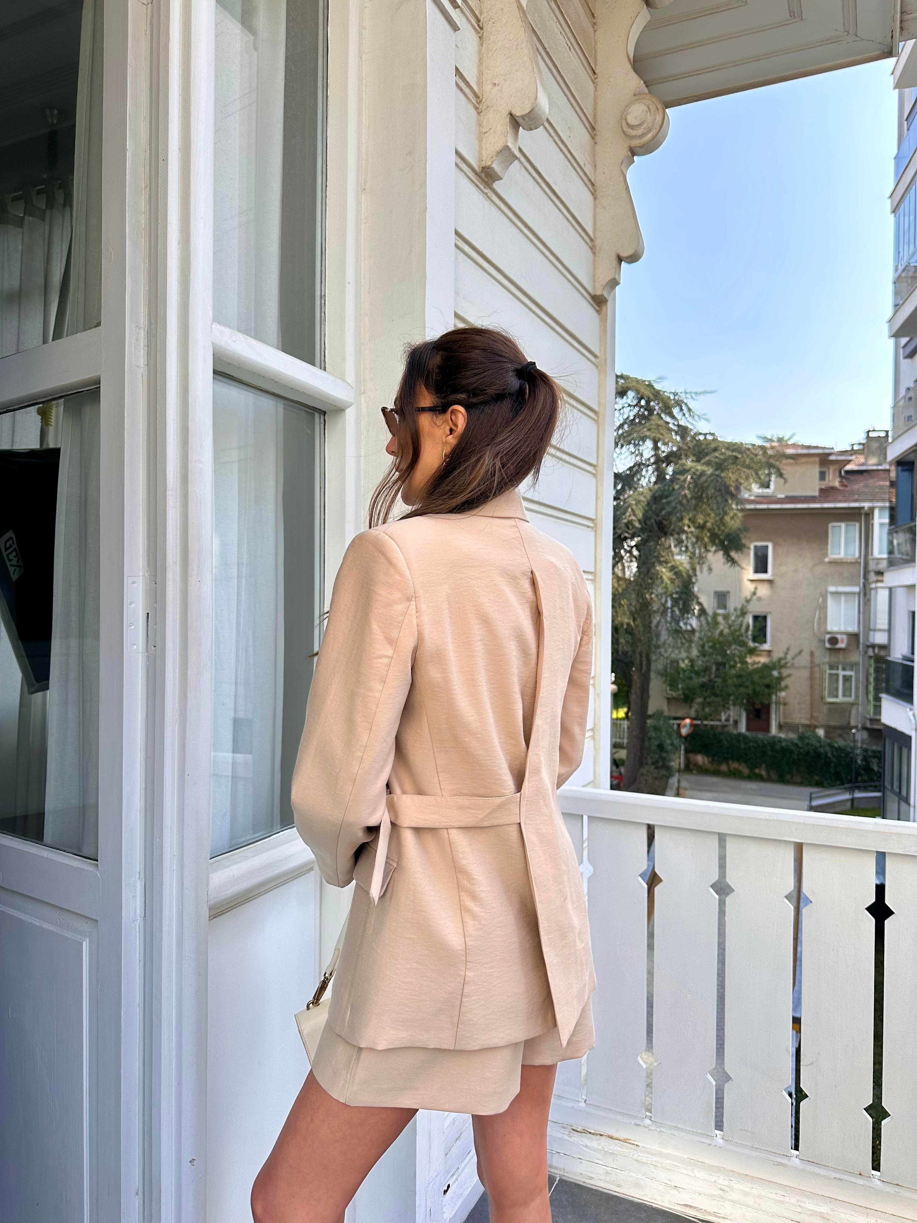 Bej Tencel Kumaş Ceket Şort Takım