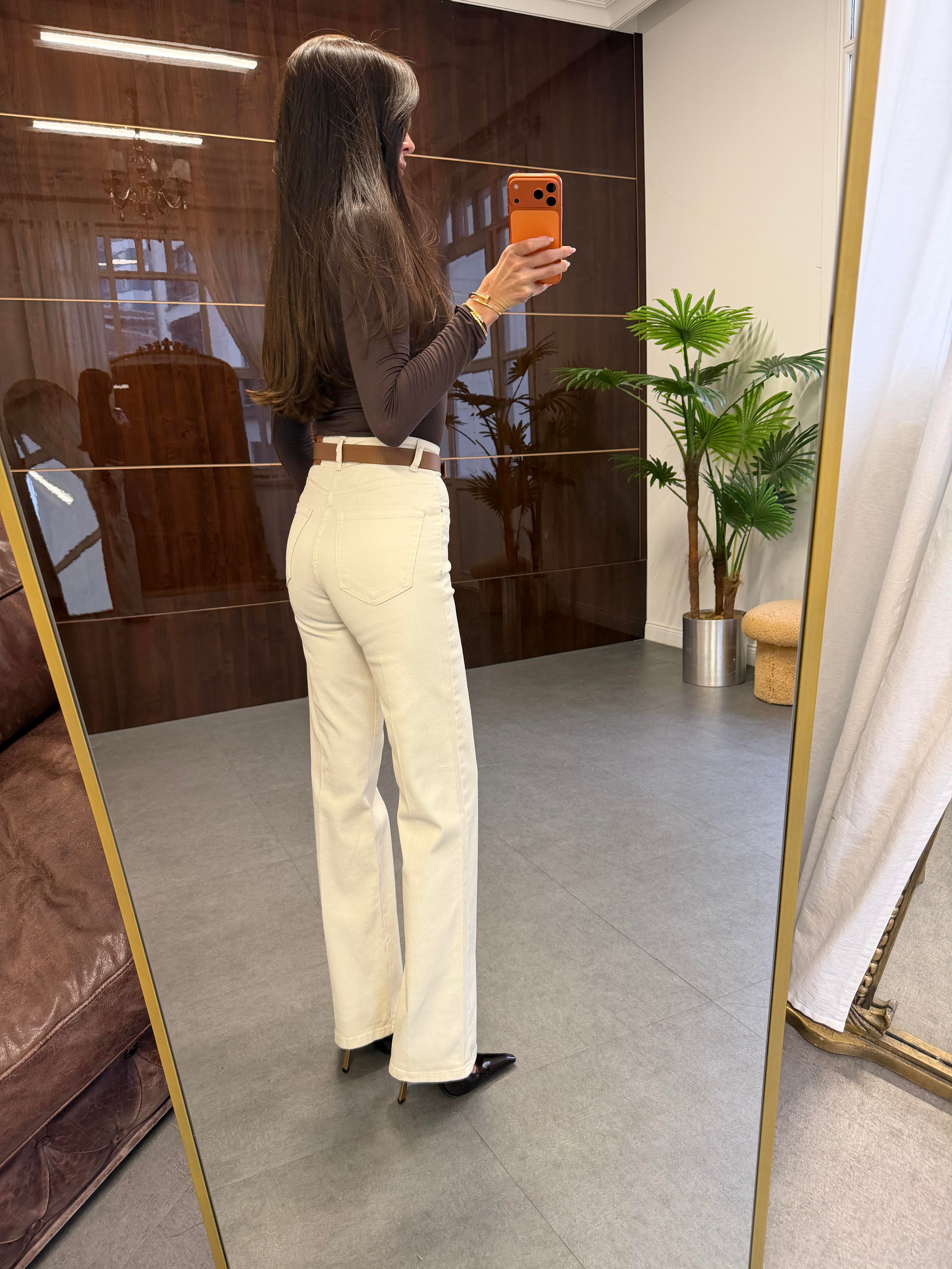 Bej Yüksek Bel Kemerli Wide Leg Pantolon