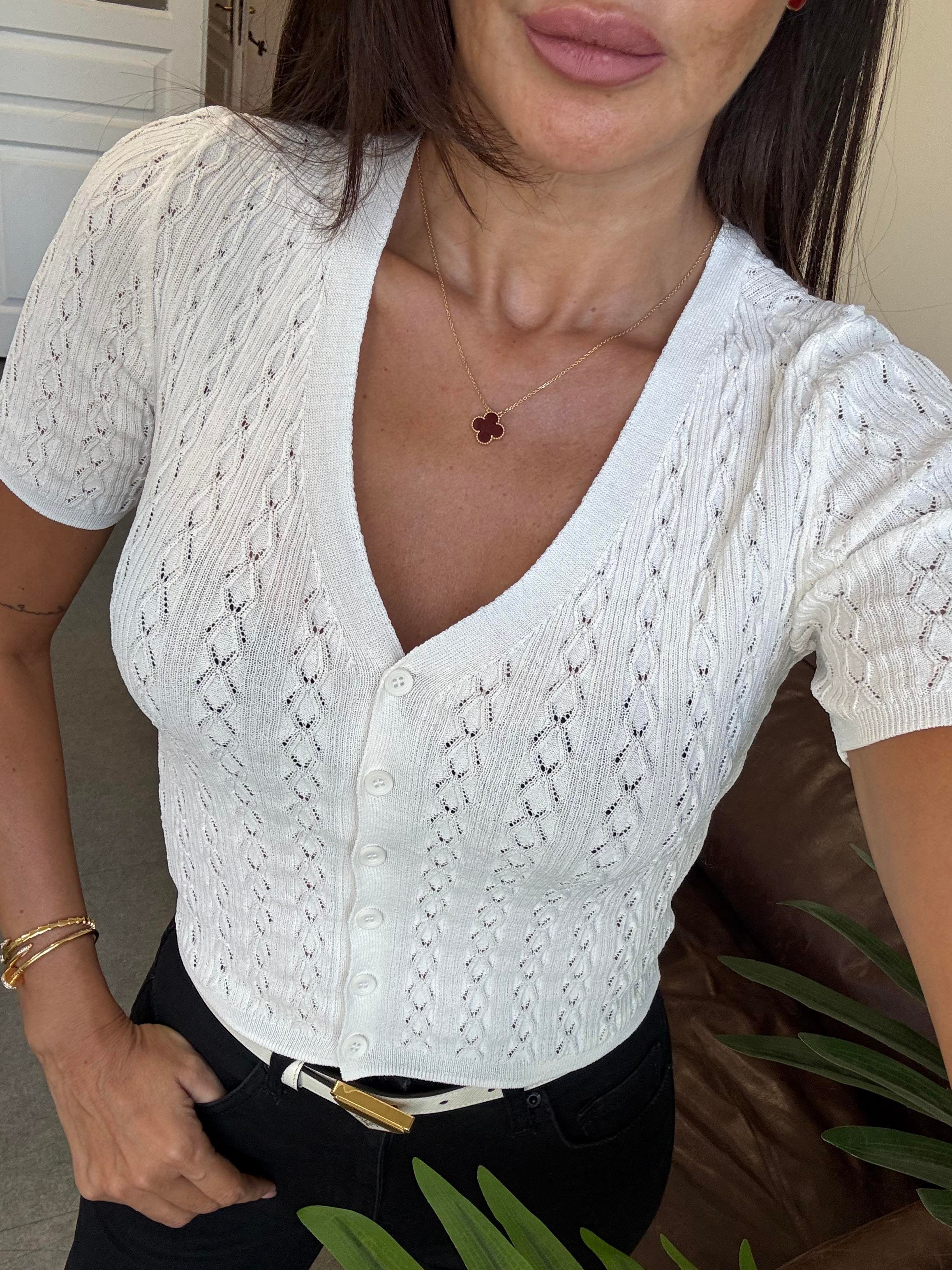 Beyaz Ajur Desen Kısa Kollu Hırka