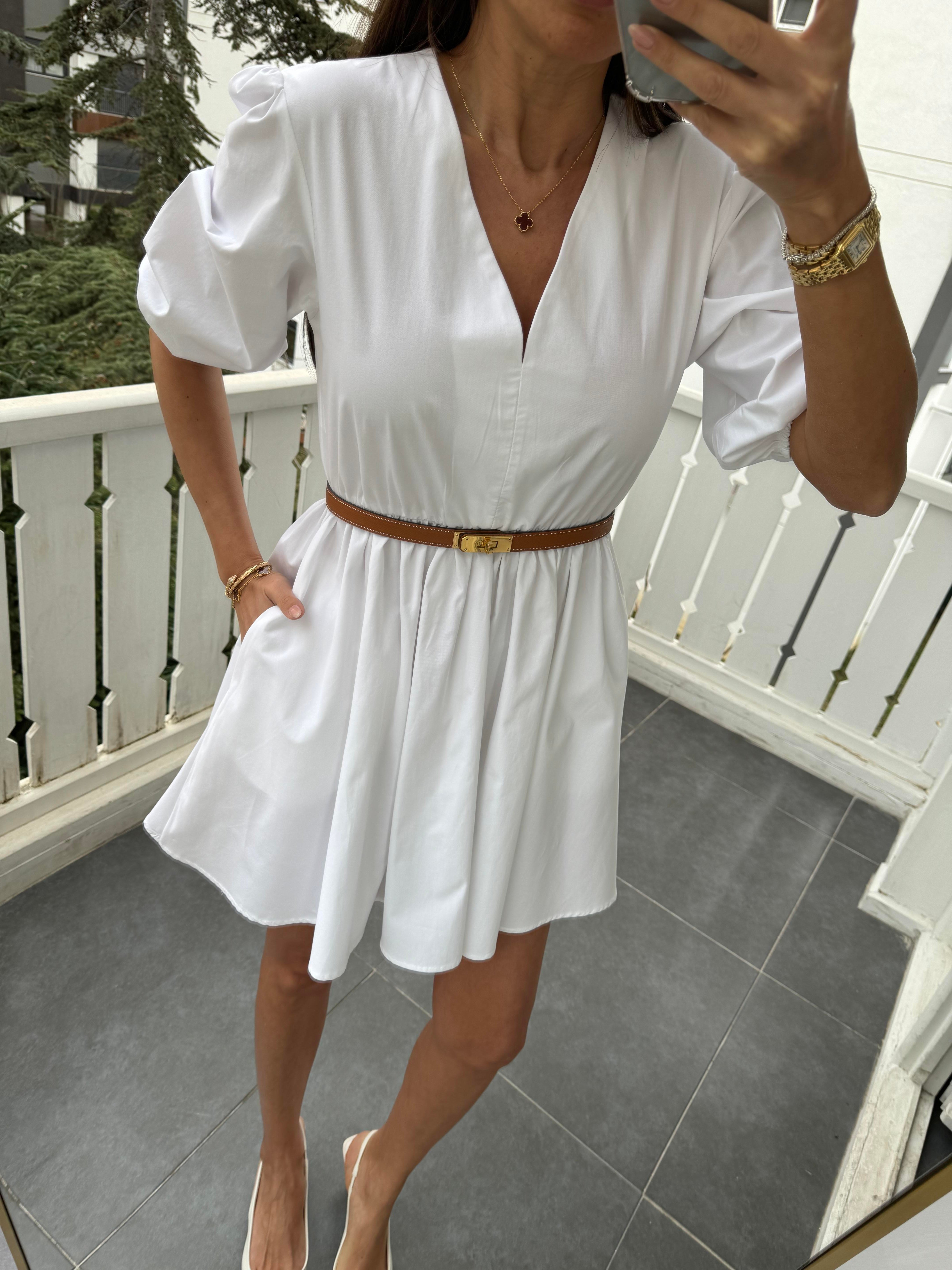 Beyaz Balon Kol Mini Elbise