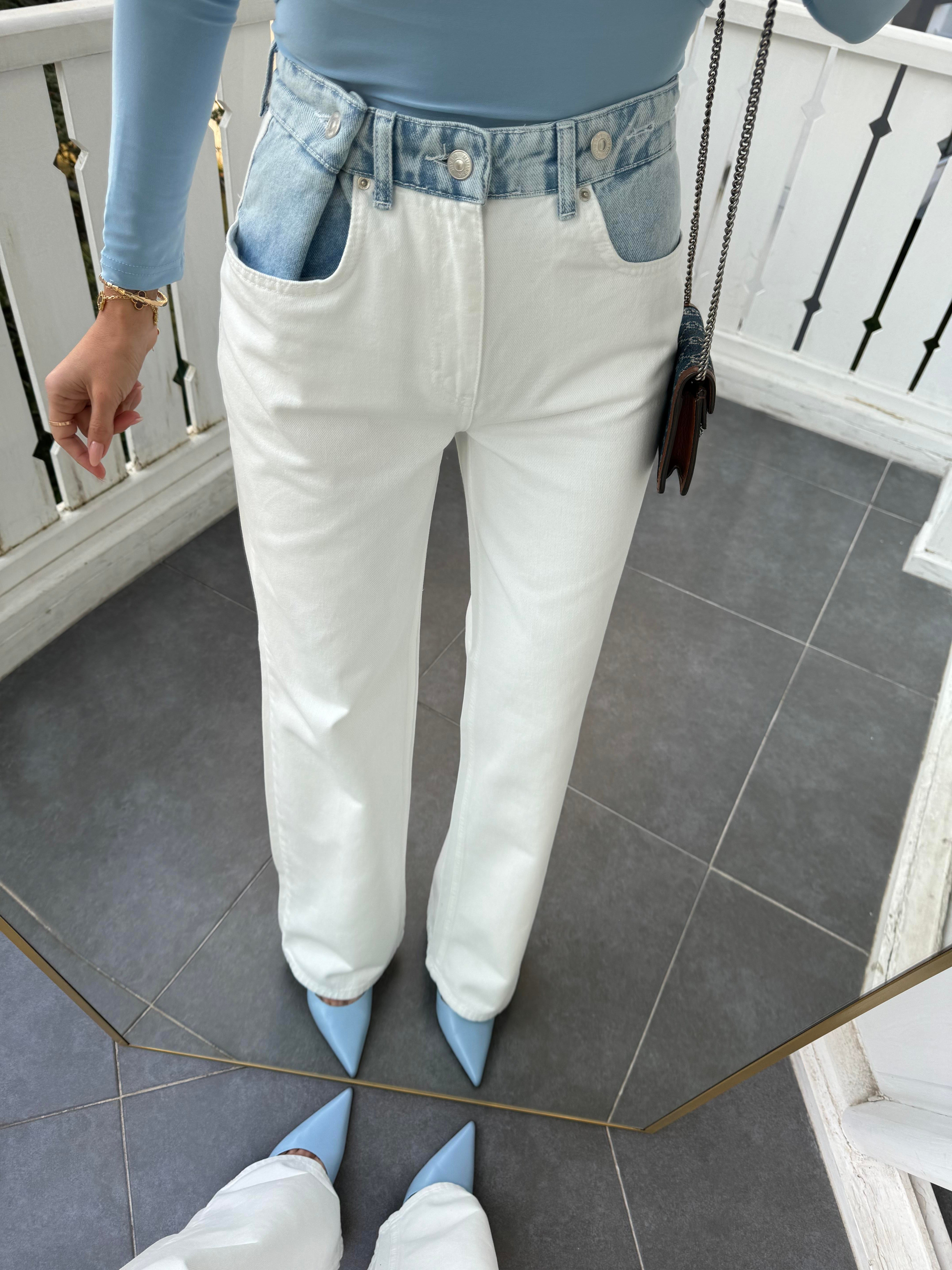 Beyaz Bel Detaylı Jean Pantolon