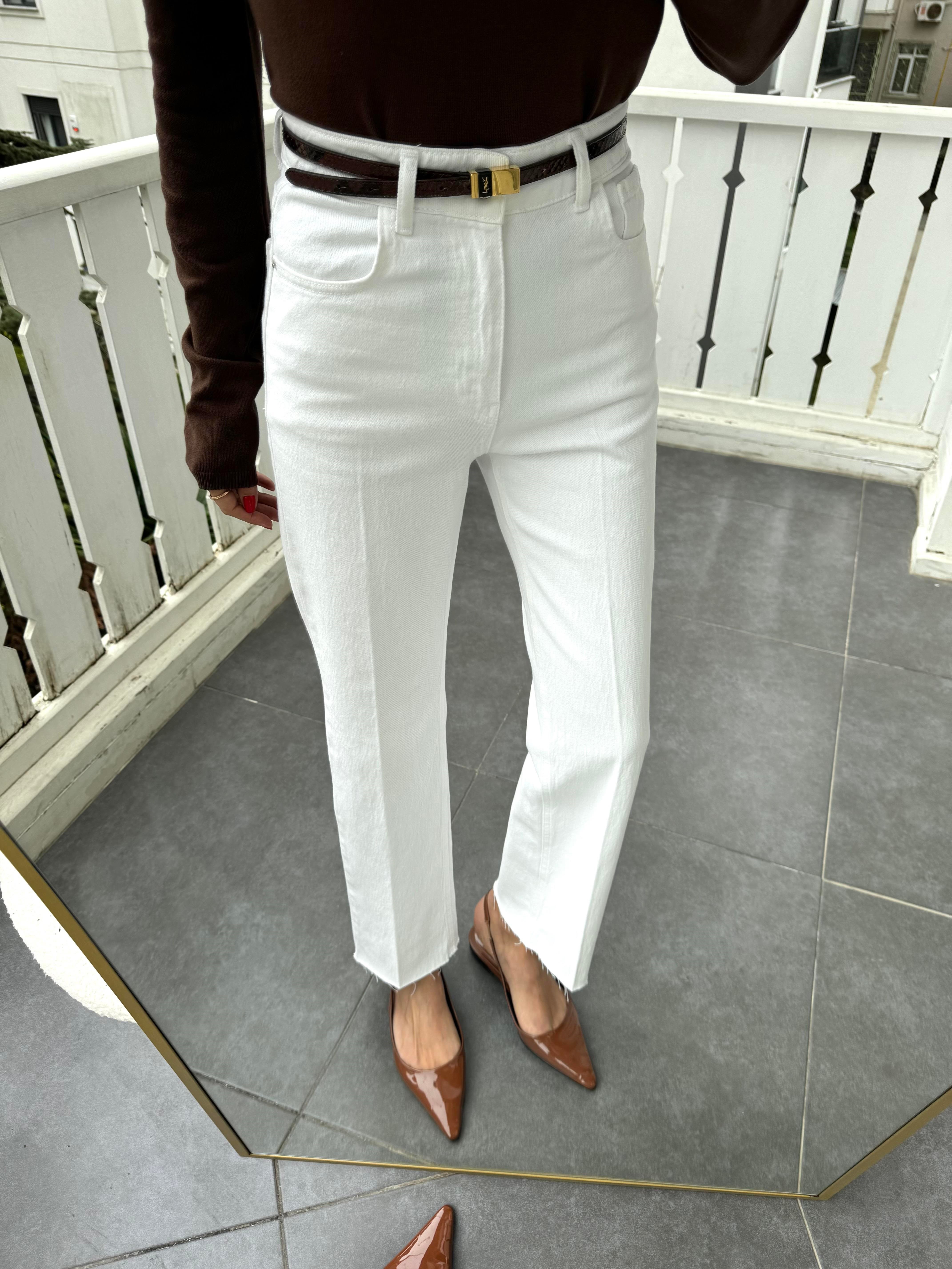 Beyaz Çizgi Ütü Straight Jean Pantolon