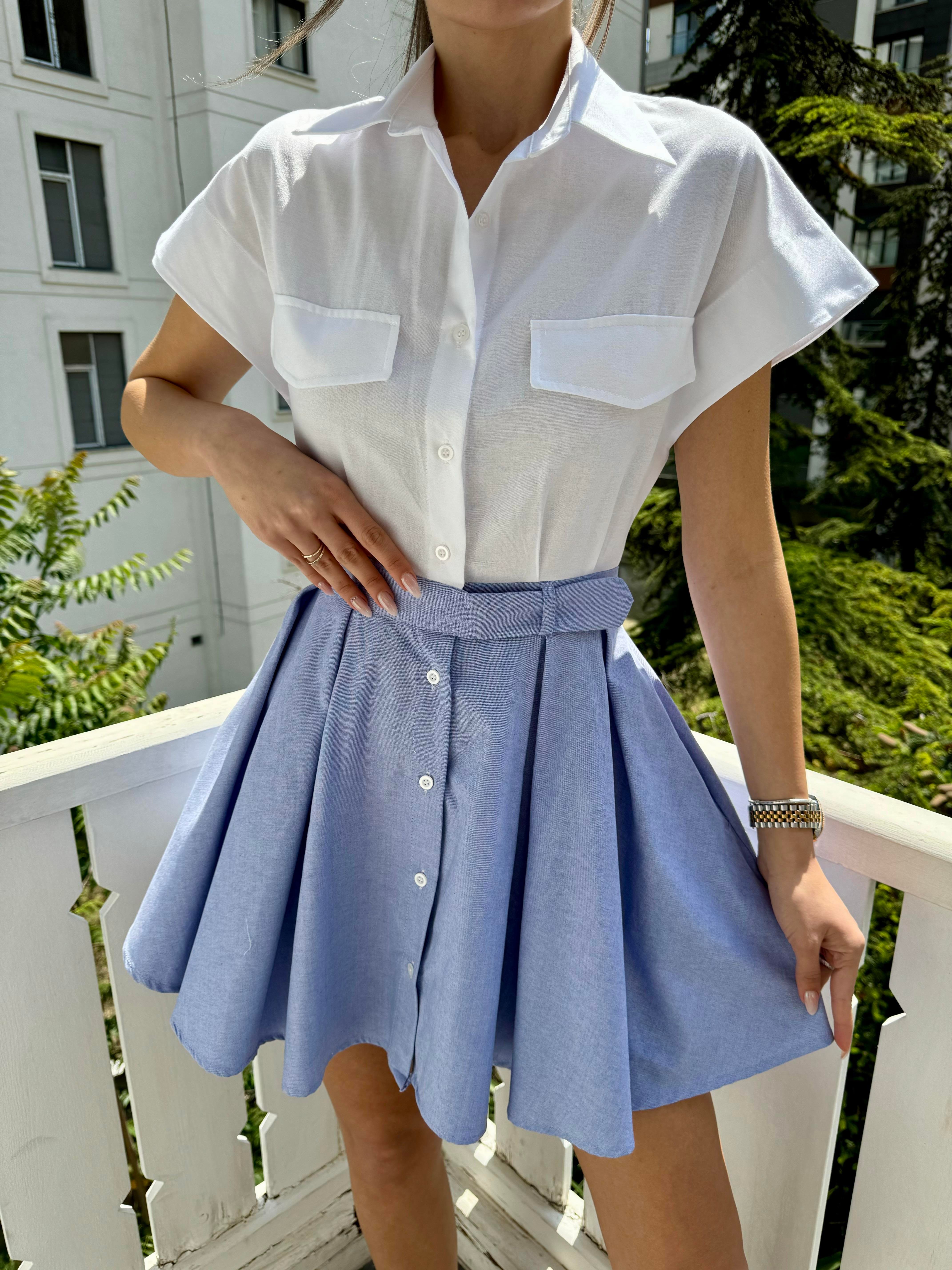 Beyaz Coton Mini Gömlek Elbise