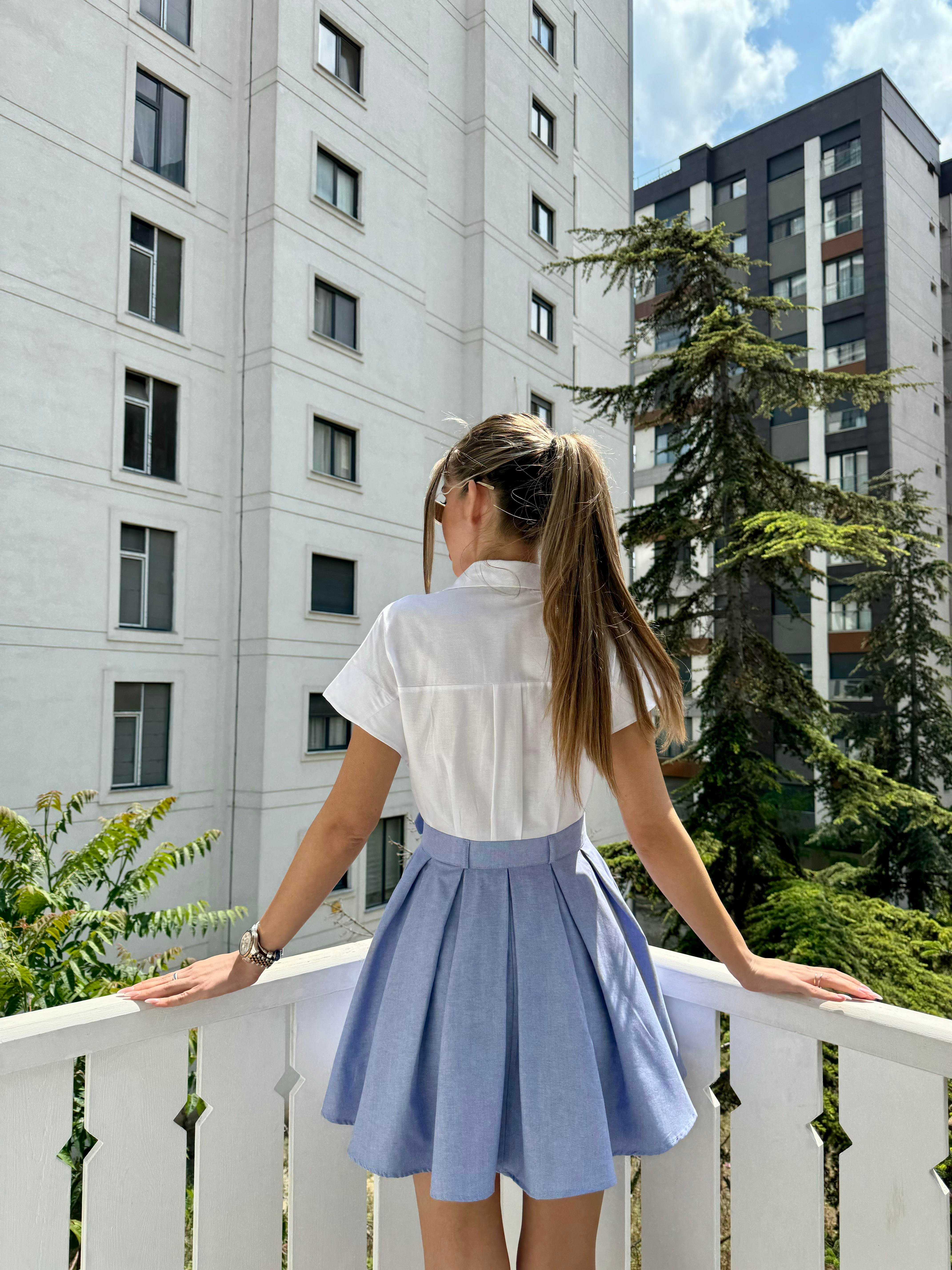 Beyaz Coton Mini Gömlek Elbise