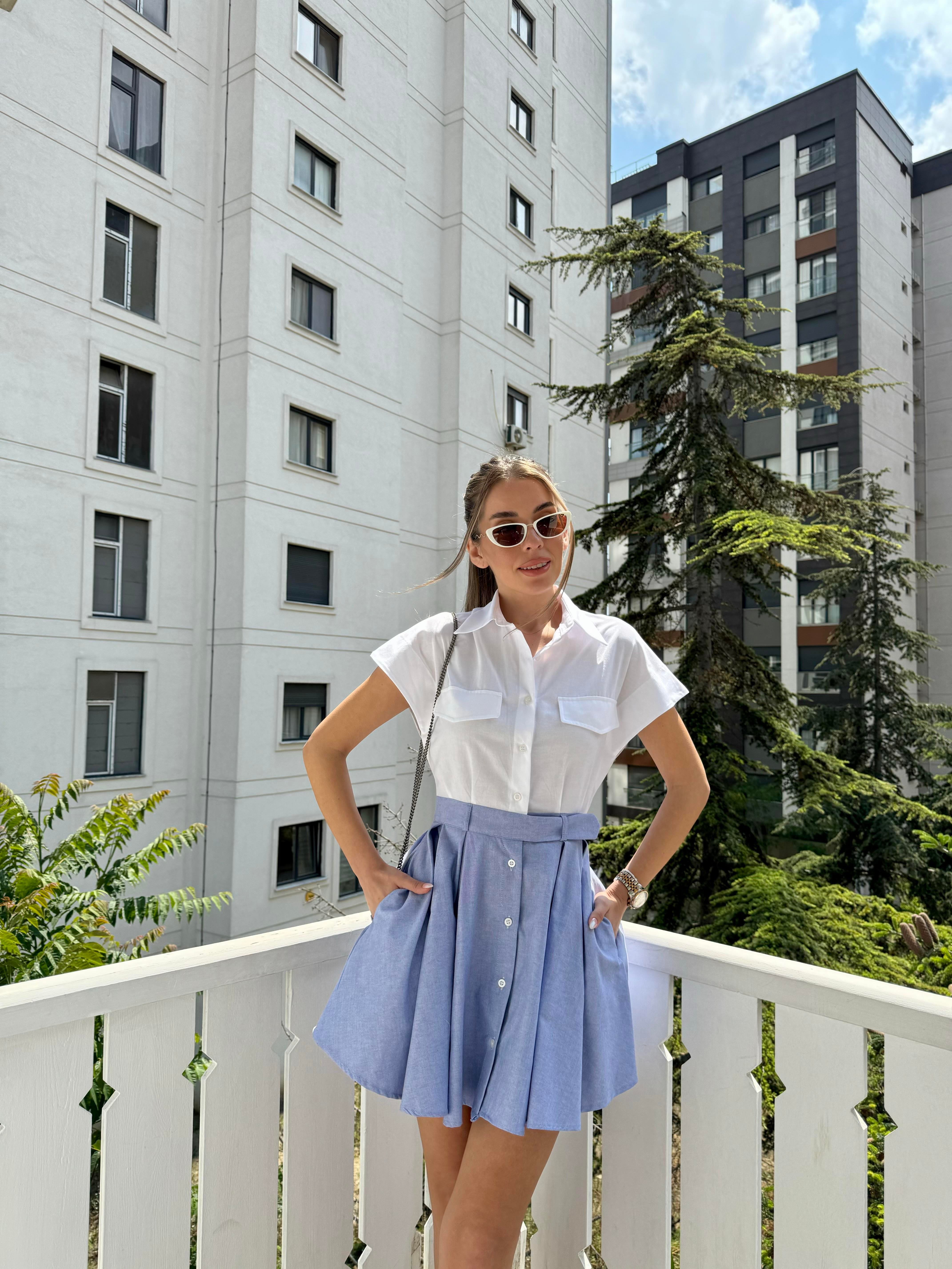 Beyaz Coton Mini Gömlek Elbise