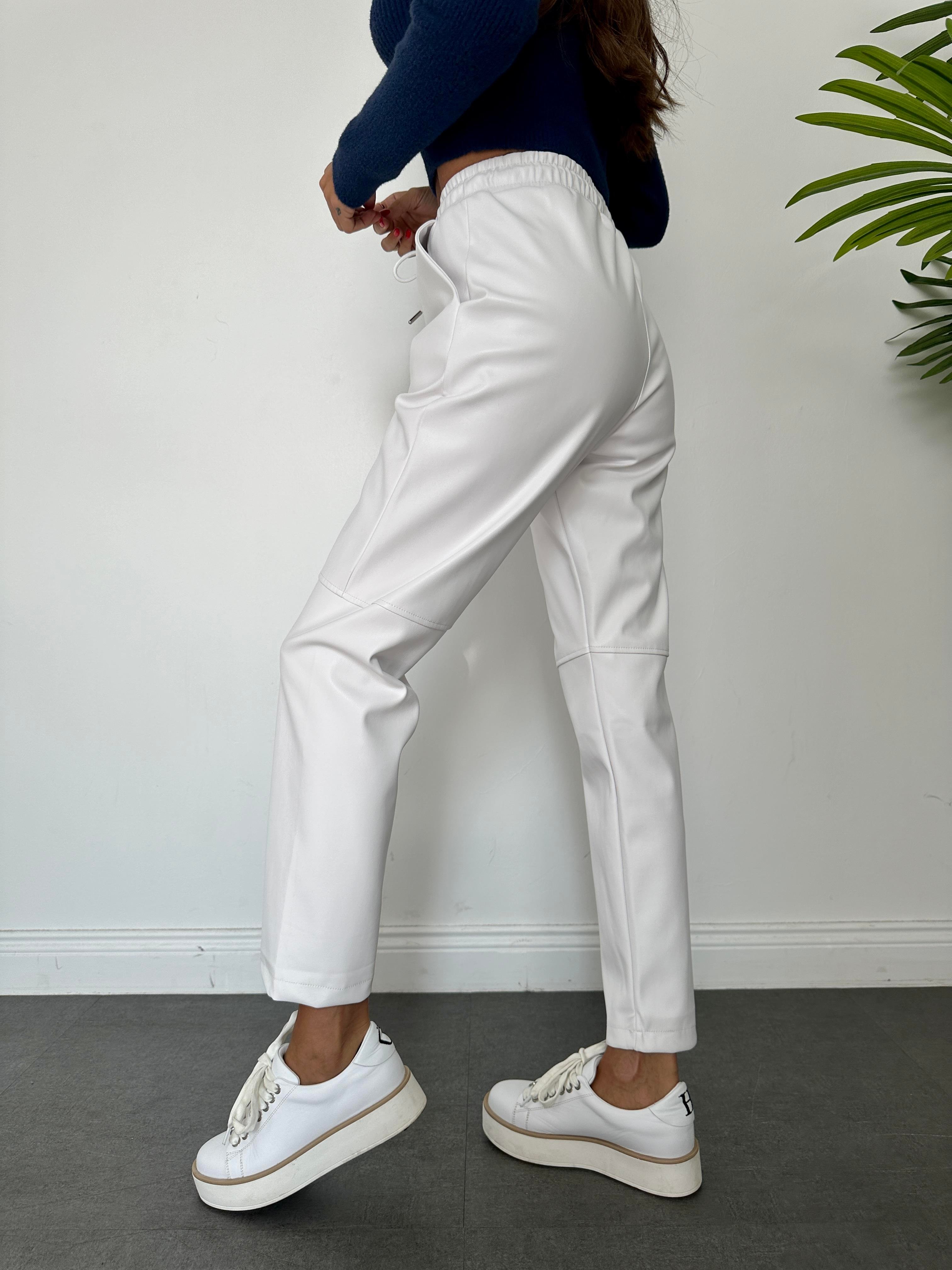 Beyaz Dizi Dikişli Bağcıklı ve Beli Lastikli Deri Pantolon