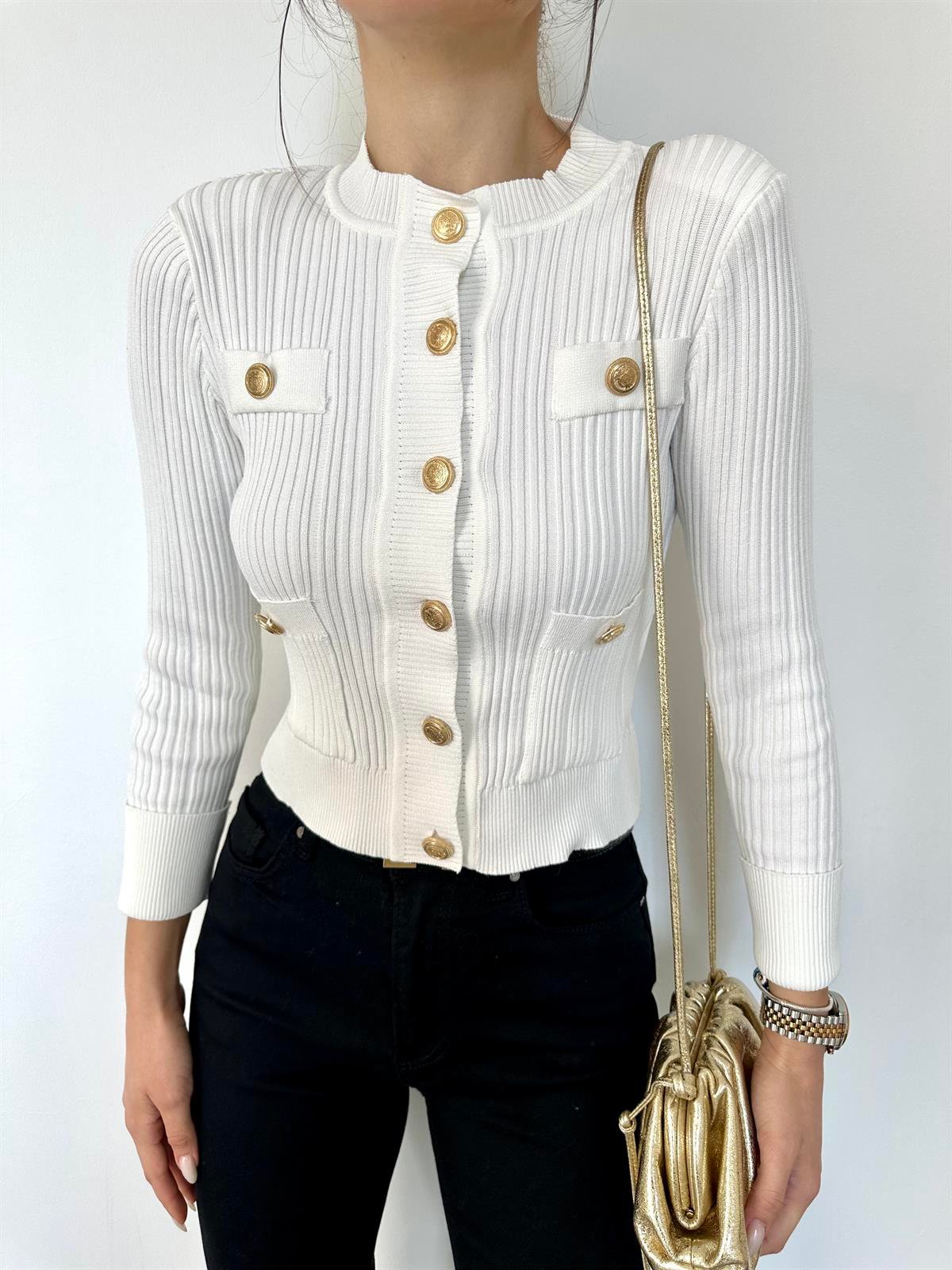 Beyaz  Gold Düğmeli Triko Ceket