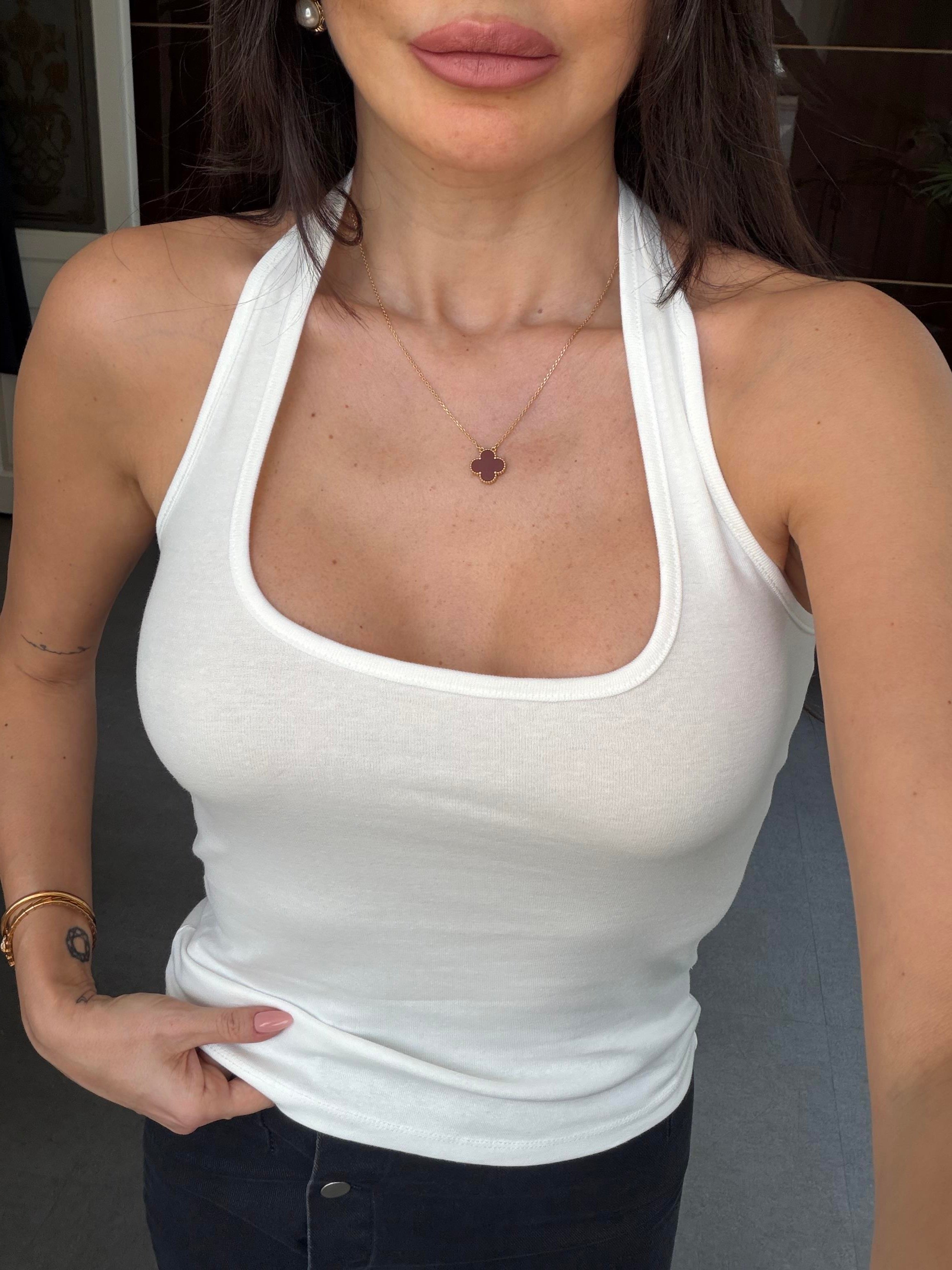 Beyaz Halter Kesim Fitted Bluz