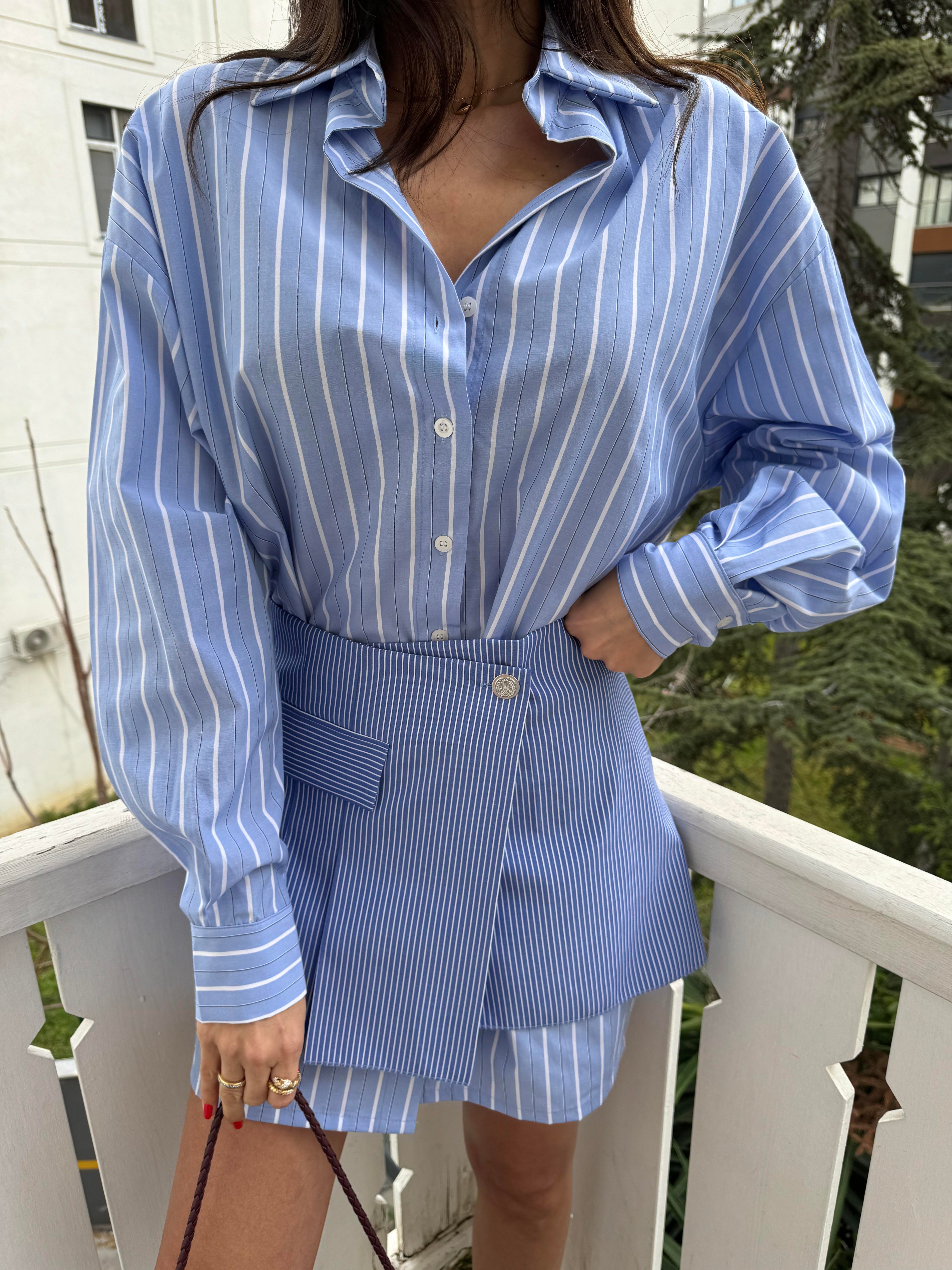 Beyaz-Mavi Çift Parça Görünümlü Çizgili Gömlek Elbise