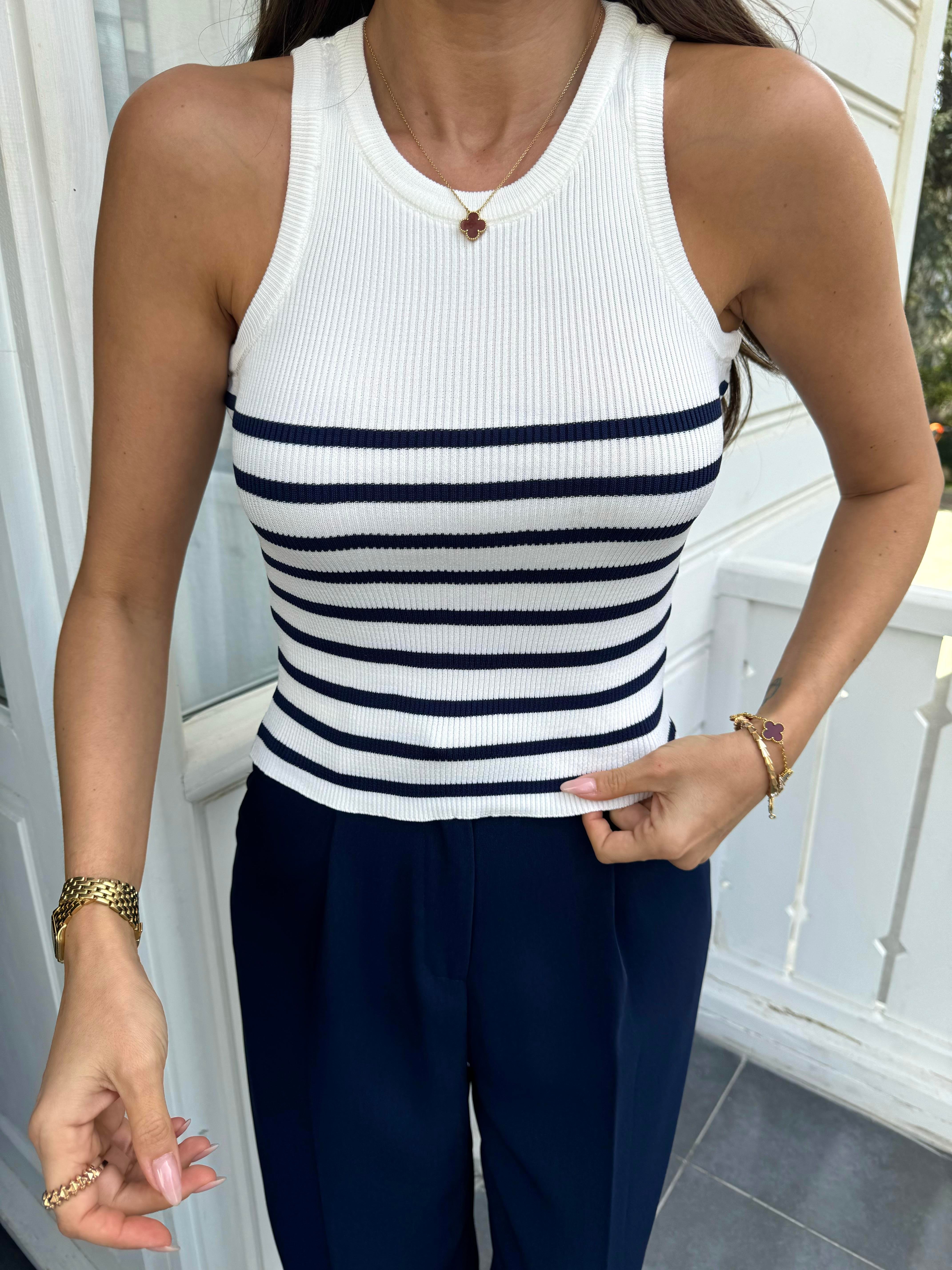 Beyaz-Mavi Çizgili Çelik Örme Atlet