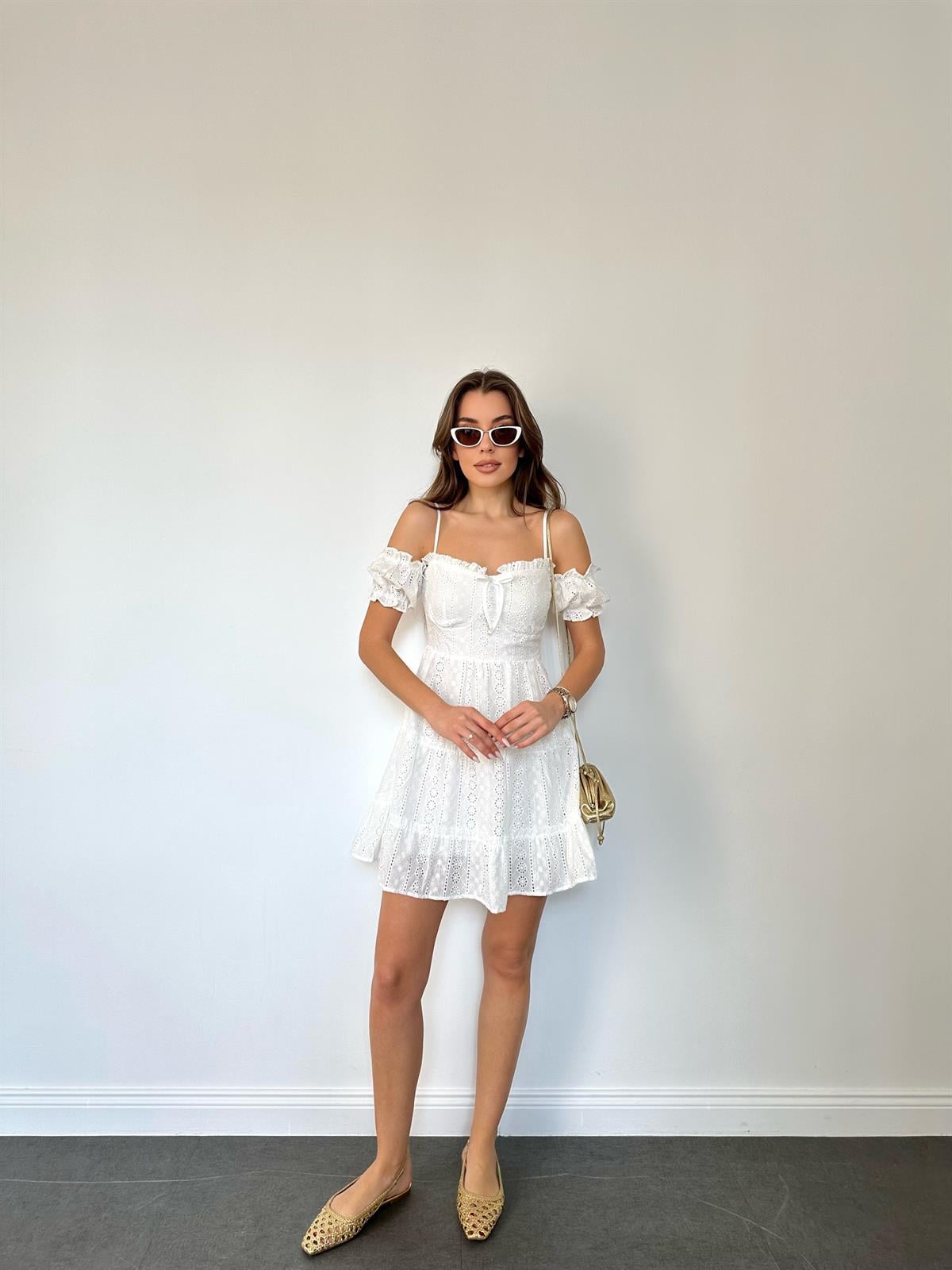 Beyaz  Mini Brode Elbise