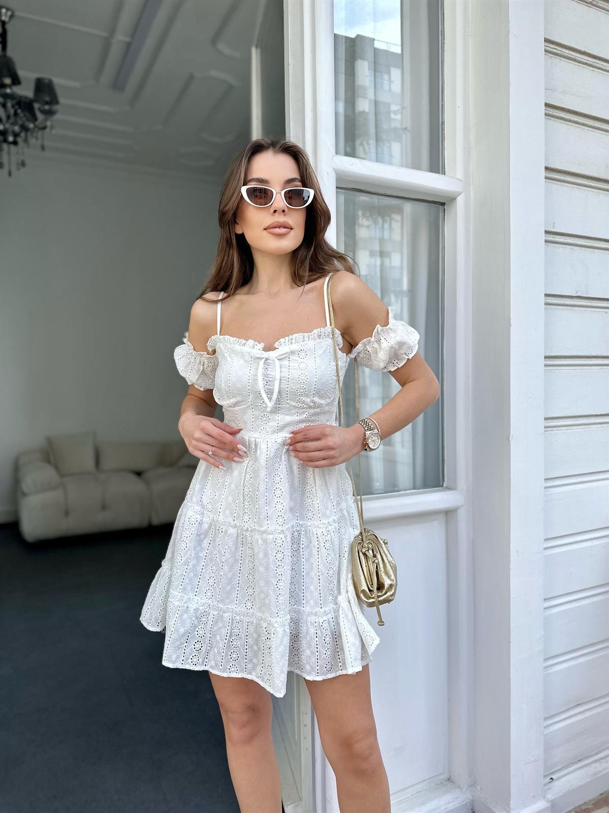 Beyaz  Mini Brode Elbise