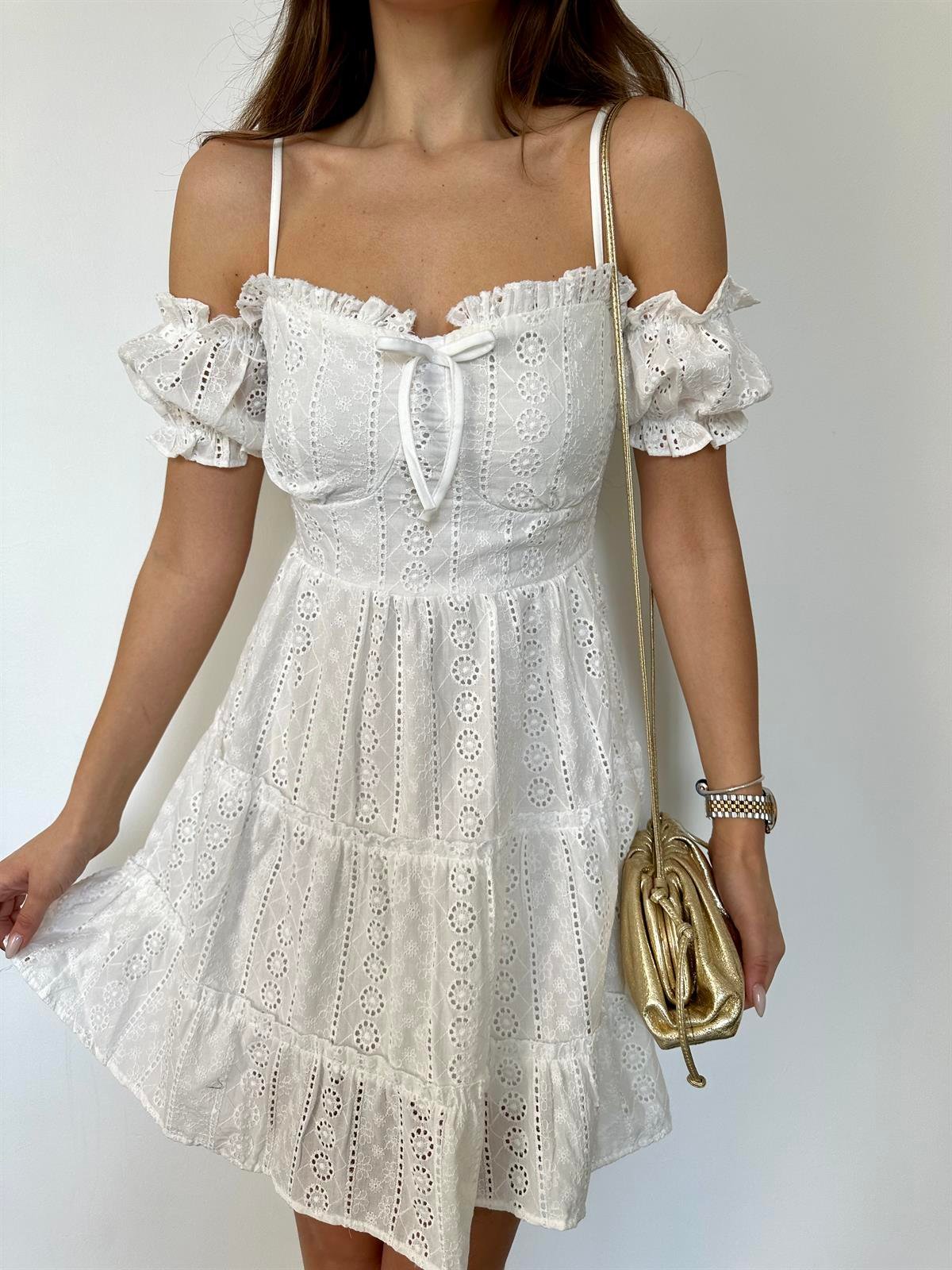 Beyaz  Mini Brode Elbise