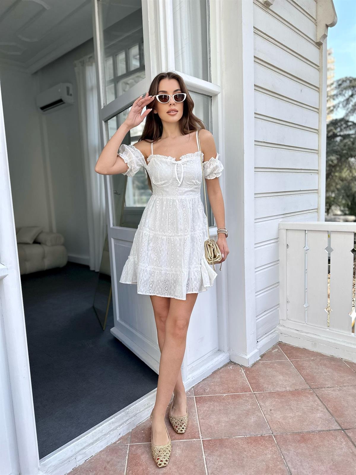 Beyaz  Mini Brode Elbise