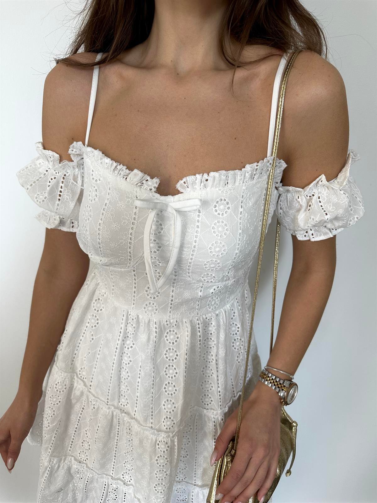 Beyaz  Mini Brode Elbise