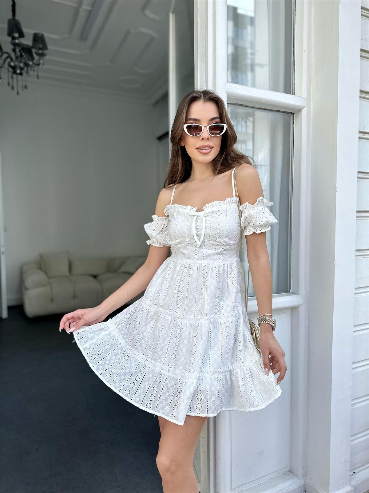 Beyaz  Mini Brode Elbise