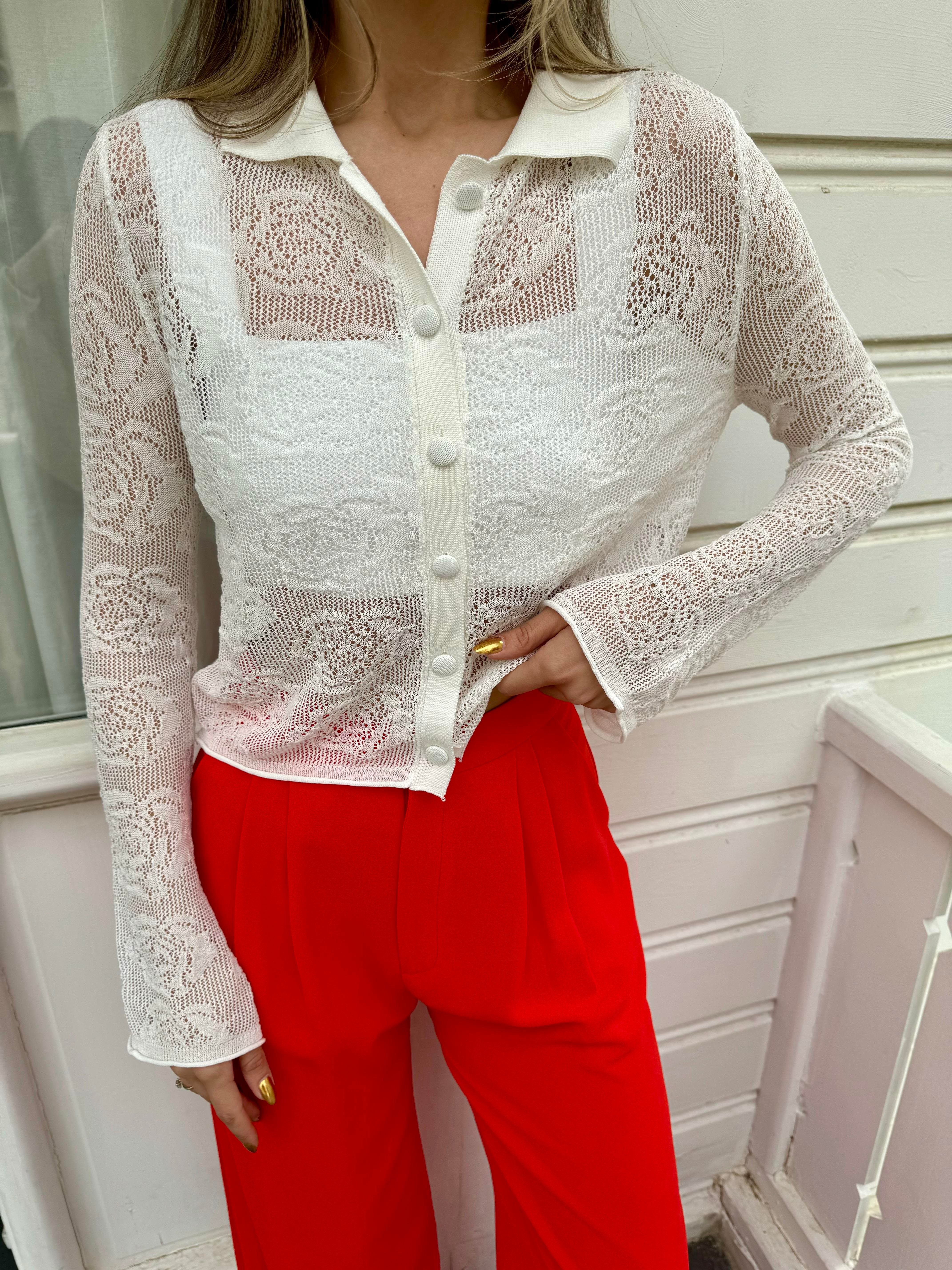 Beyaz Polo Yaka Transparan Gömlek Hırka