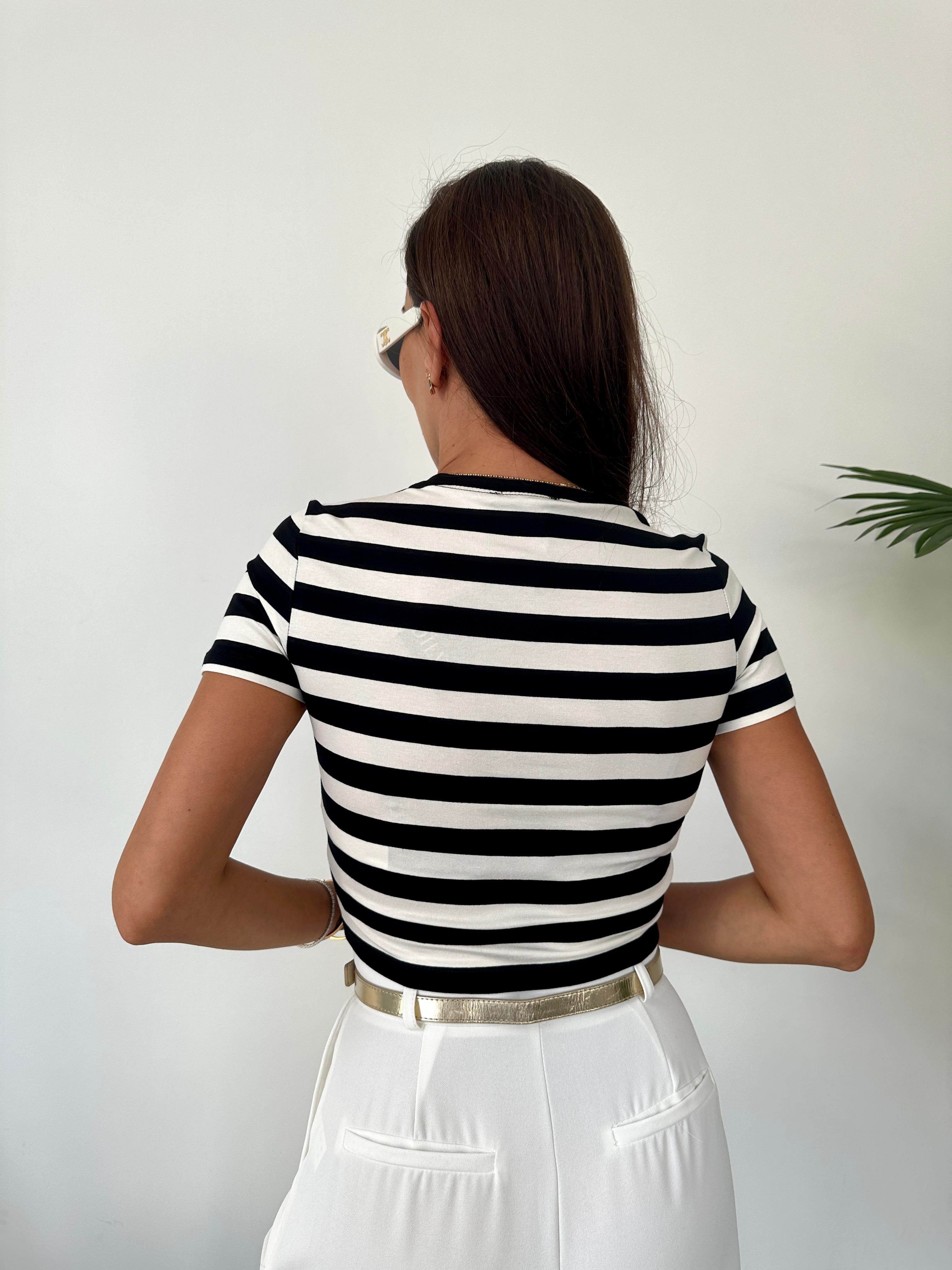 Beyaz-Siyah Crop Çizgili Top Bluz