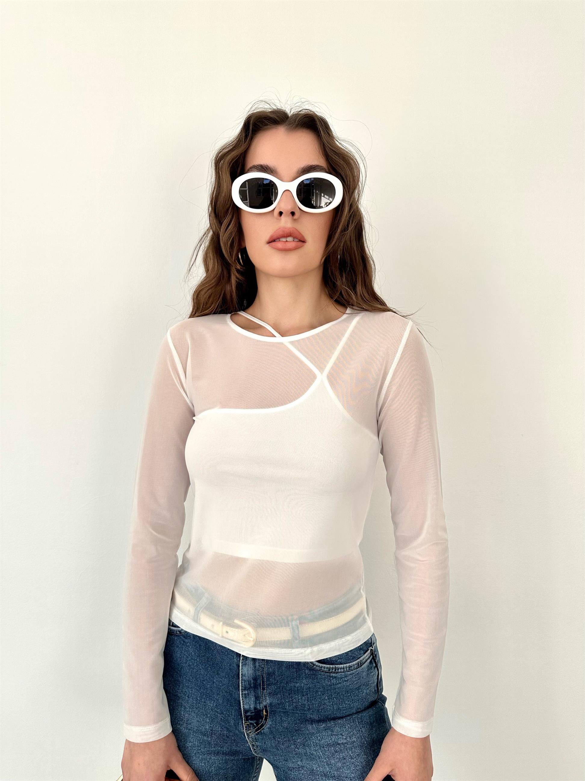 Beyaz  Tül Top Bluz