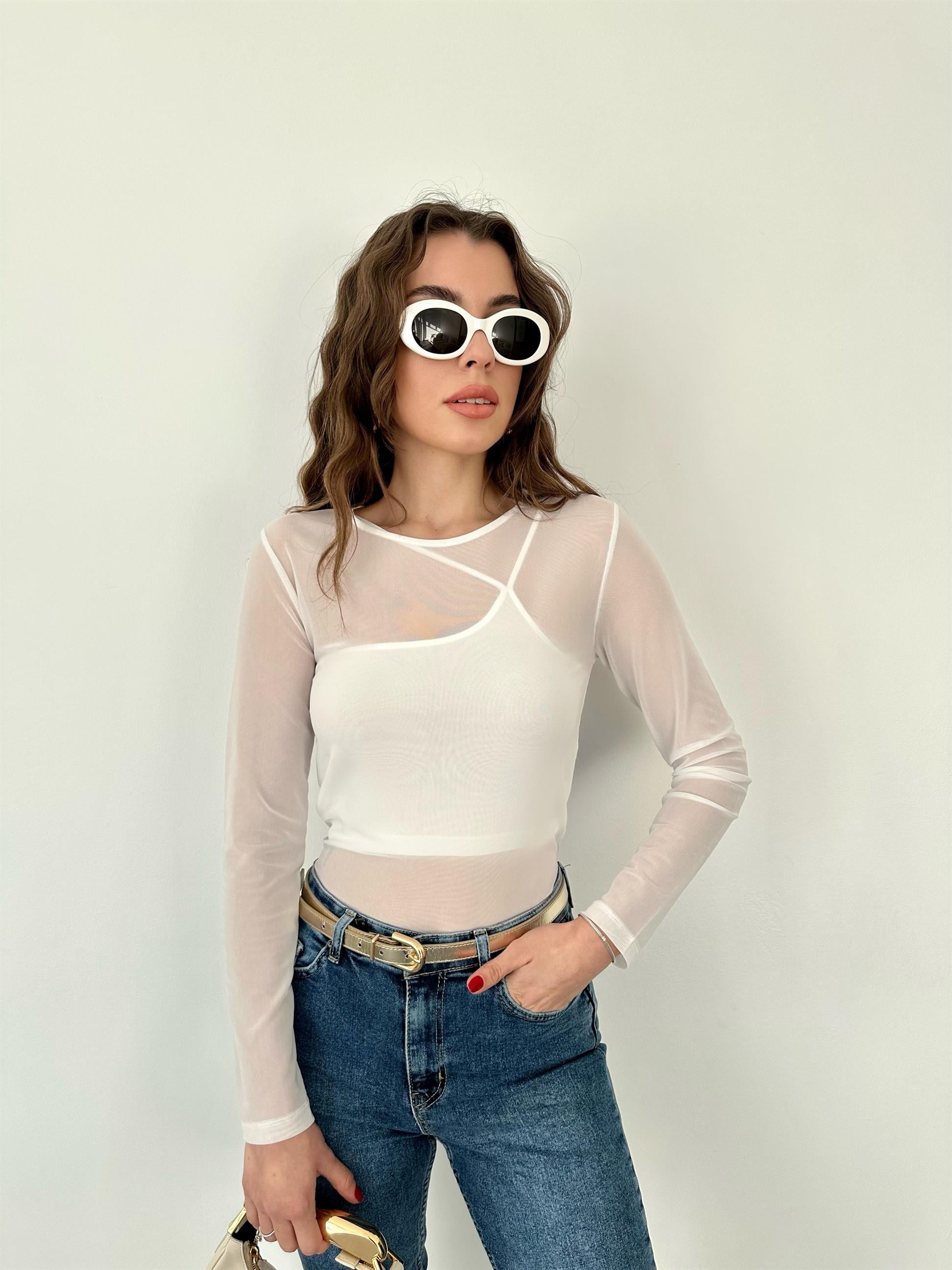 Beyaz  Tül Top Bluz