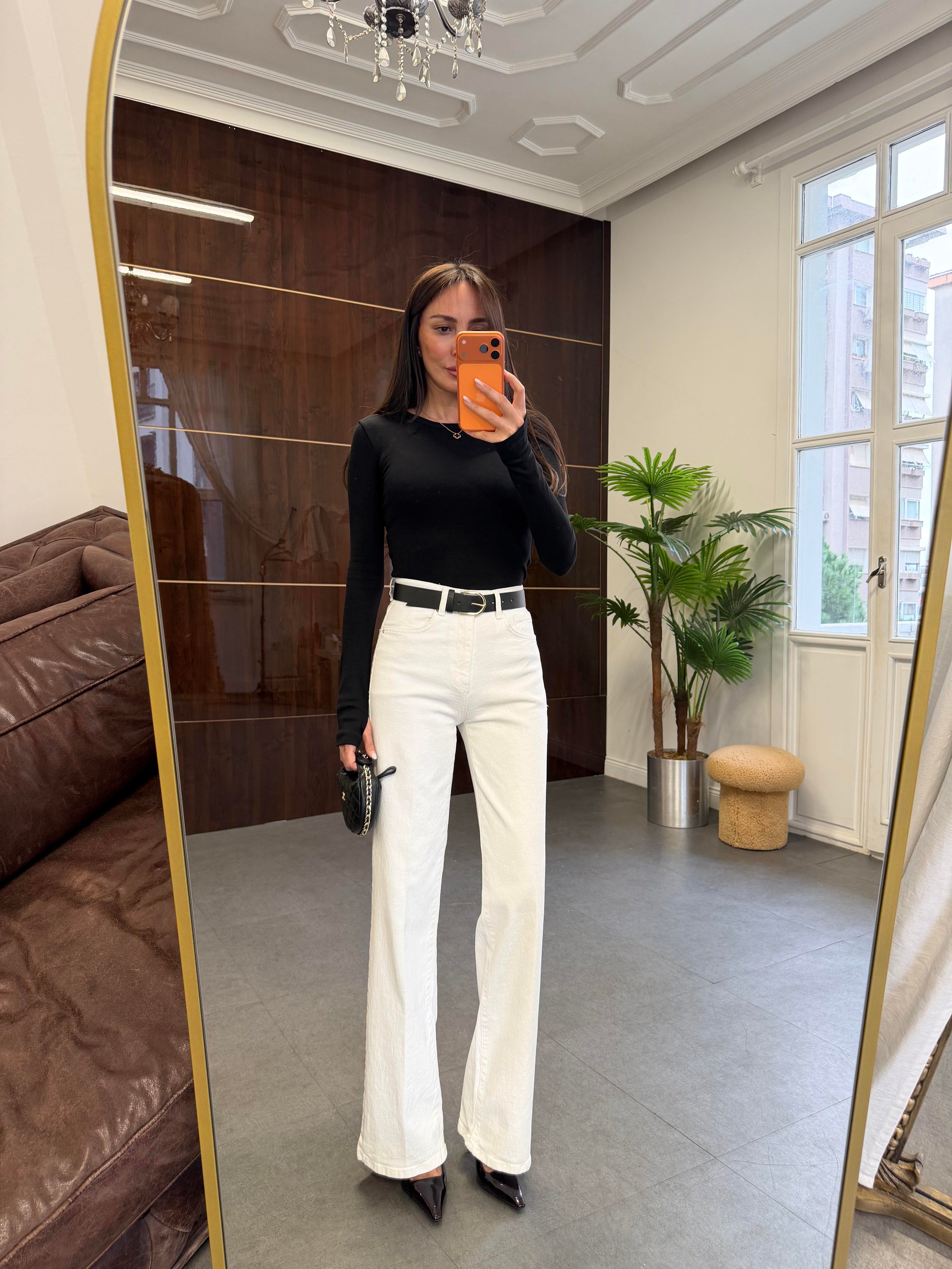 Beyaz Yüksek Bel Kemerli Wide Leg Pantolon