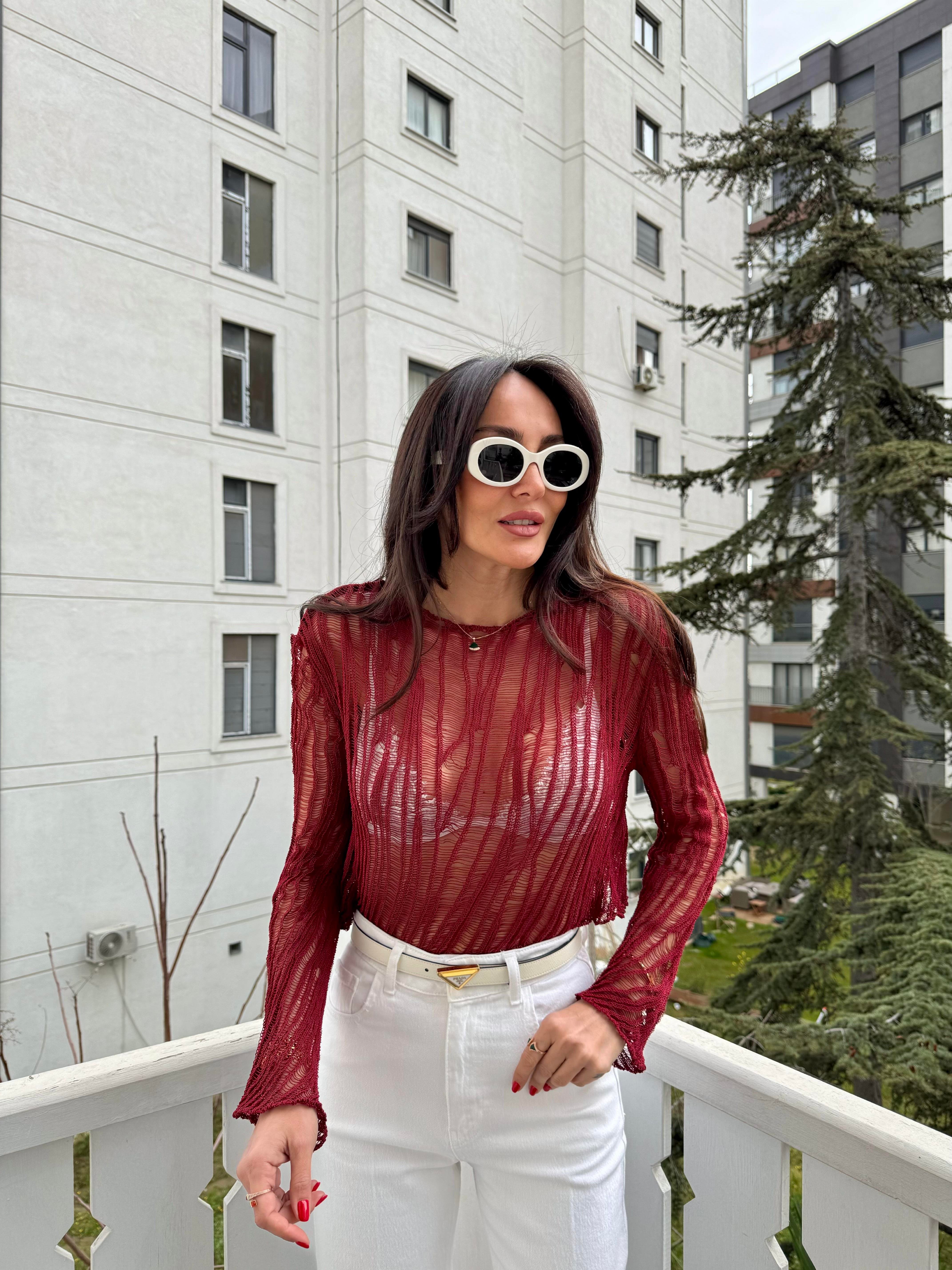 Bordo Ajurlu Triko Bluz