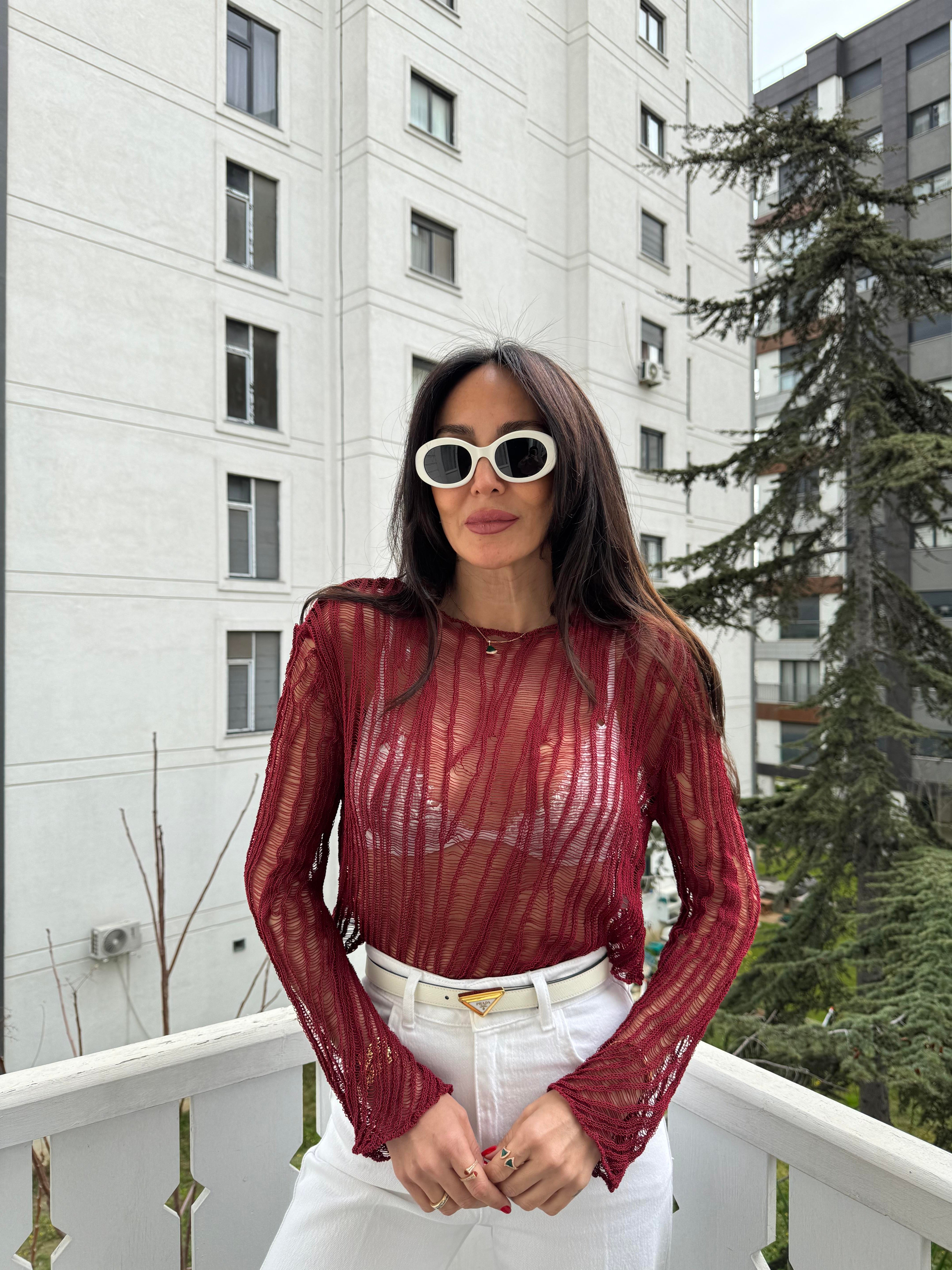 Bordo Ajurlu Triko Bluz