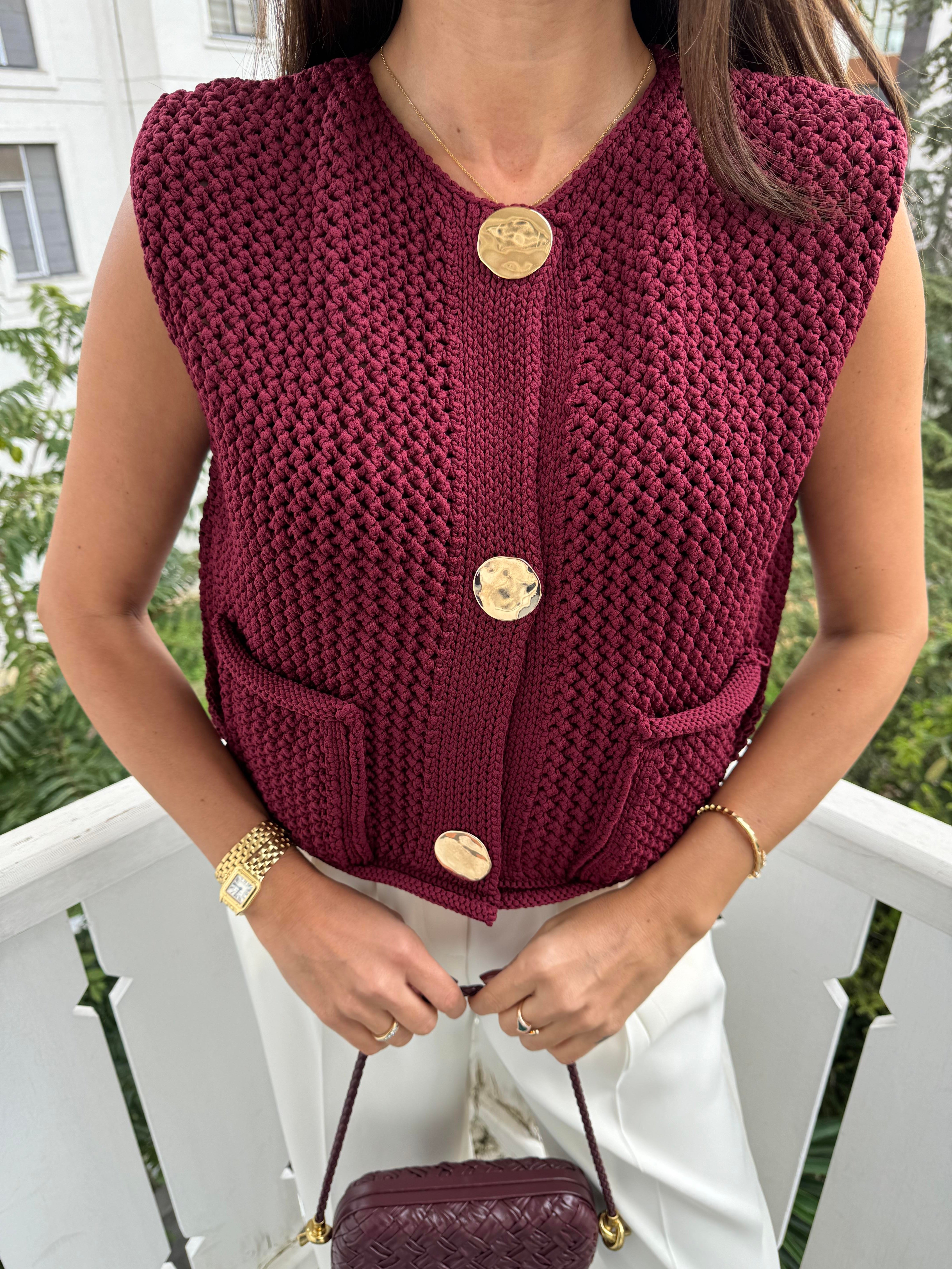 Bordo Bisiklet Yaka Cepli Düğmeli Triko Yelek