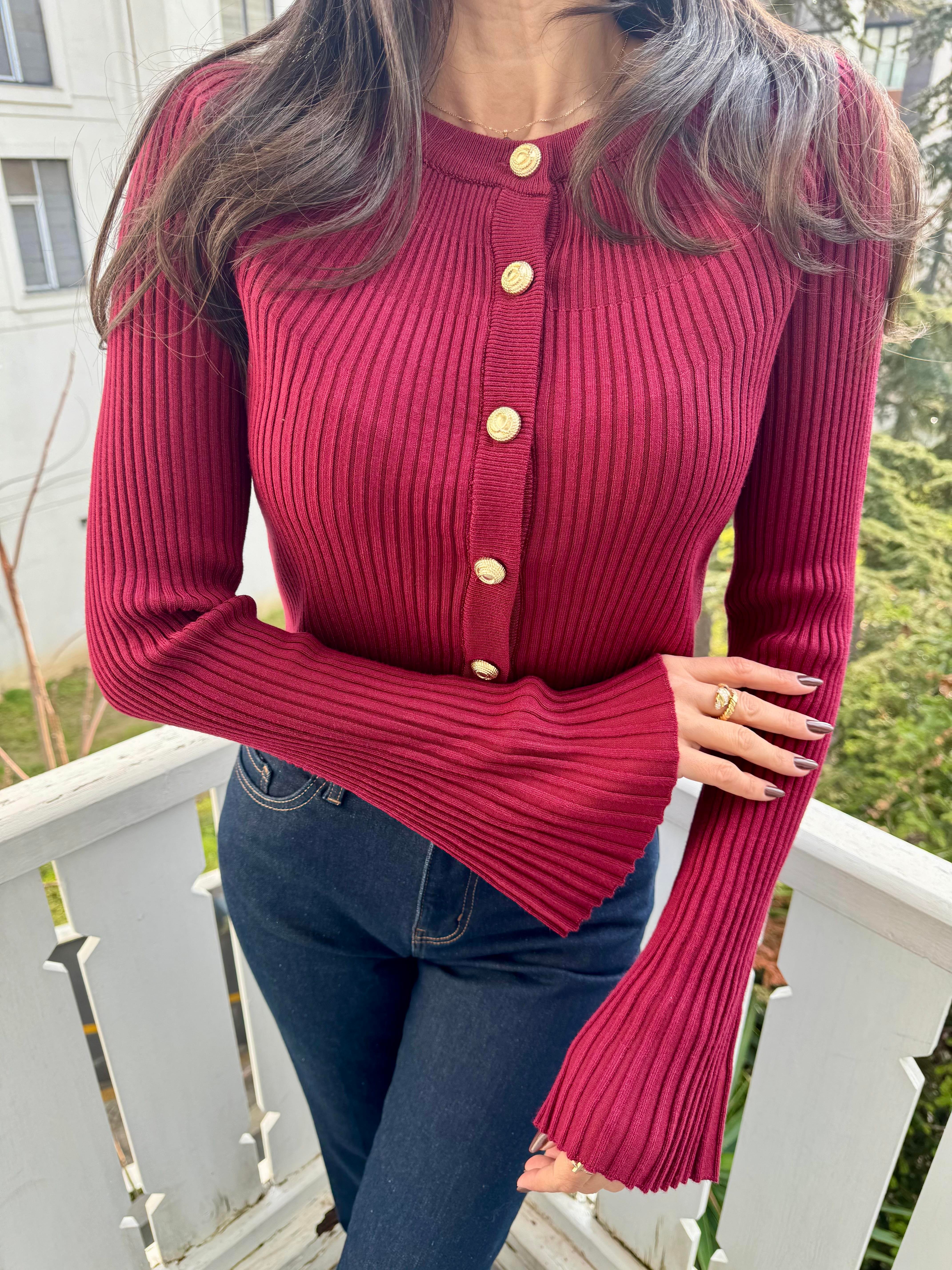 Bordo Bisiklet Yaka Düğmeli İspanyol Kol Triko Hırka