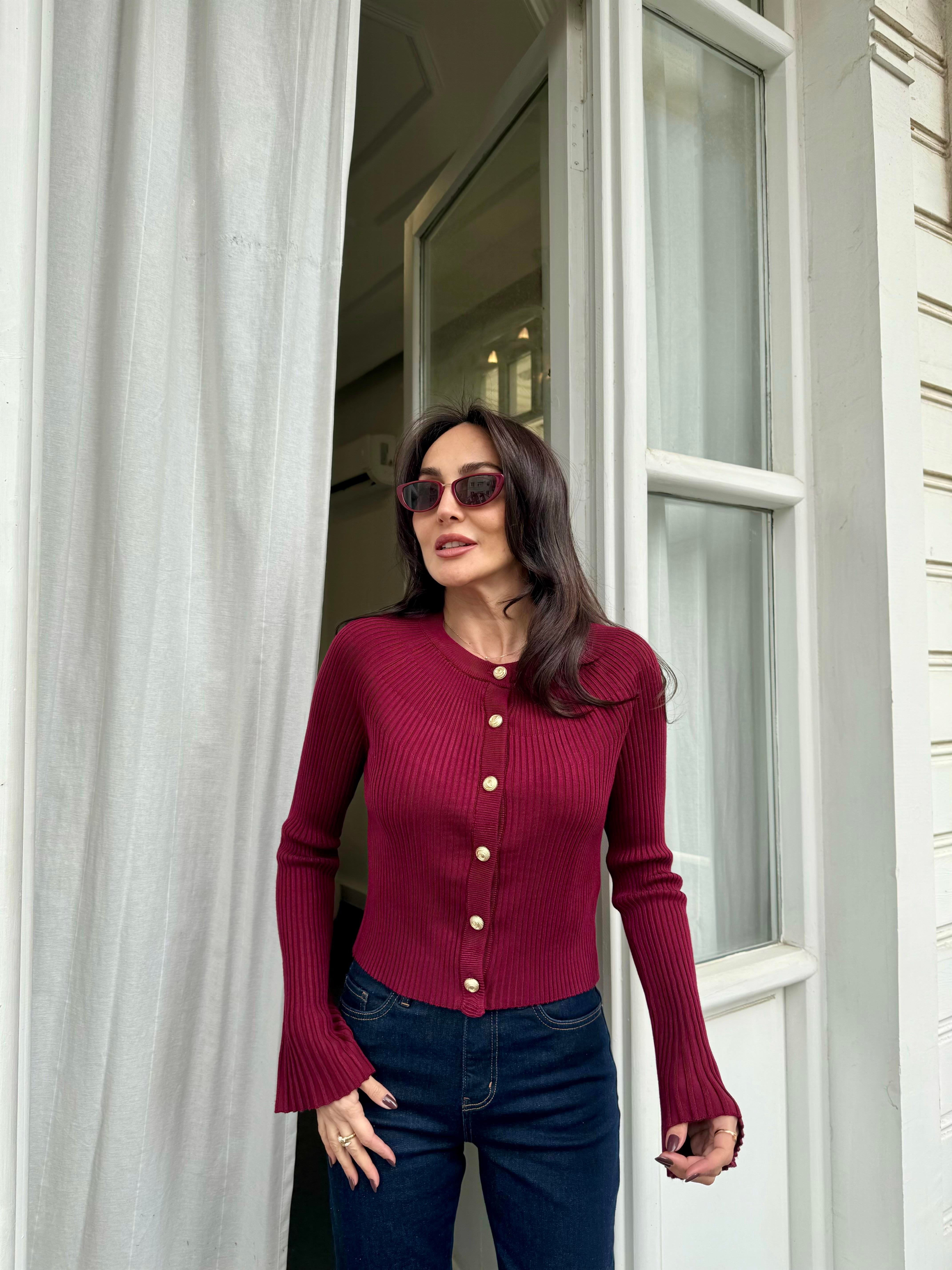 Bordo Bisiklet Yaka Düğmeli İspanyol Kol Triko Hırka