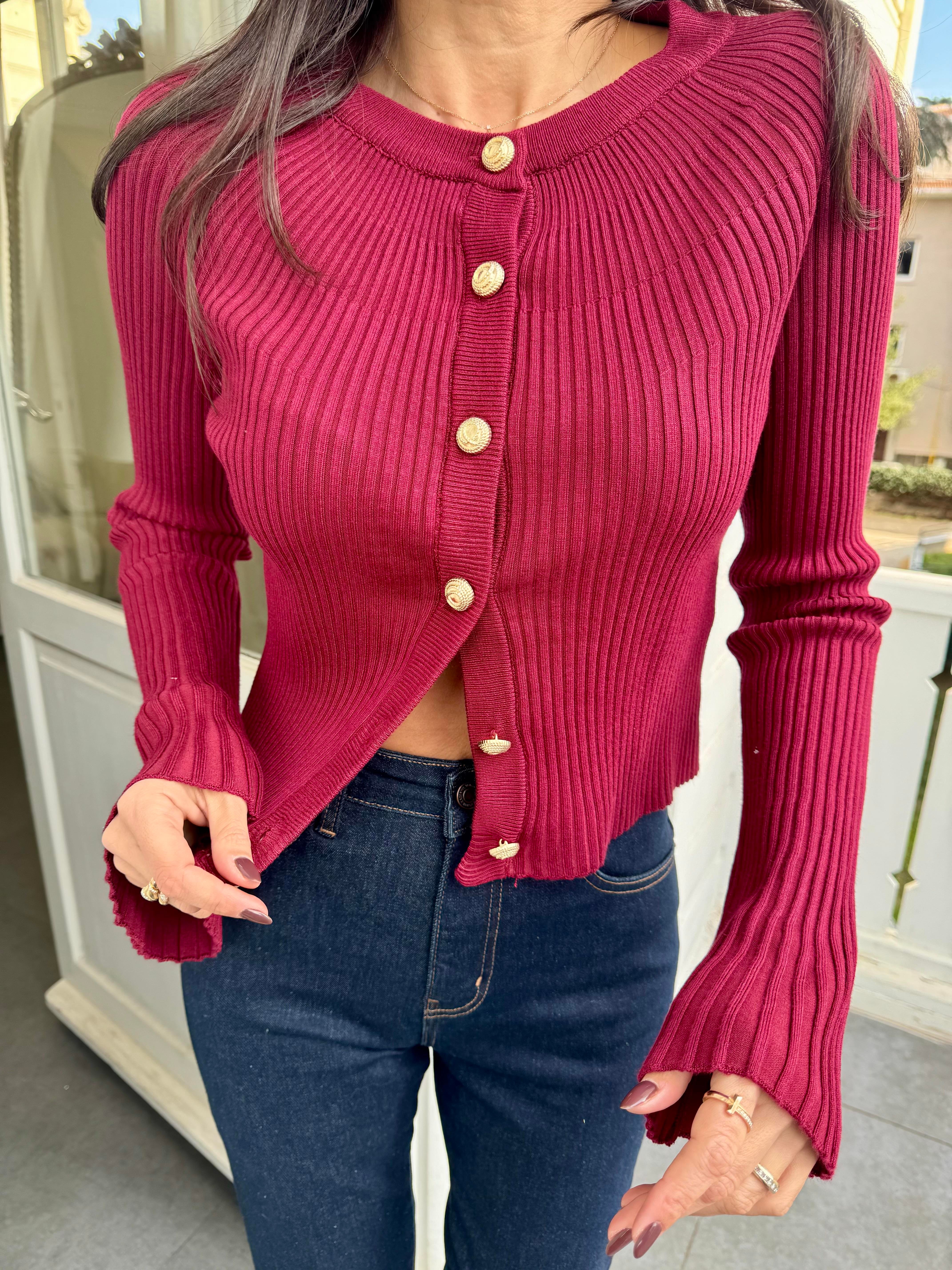 Bordo Bisiklet Yaka Düğmeli İspanyol Kol Triko Hırka