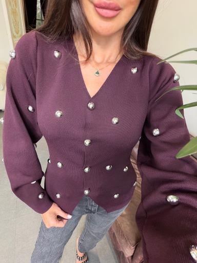 Bordo çelik örme zımba detay bluz