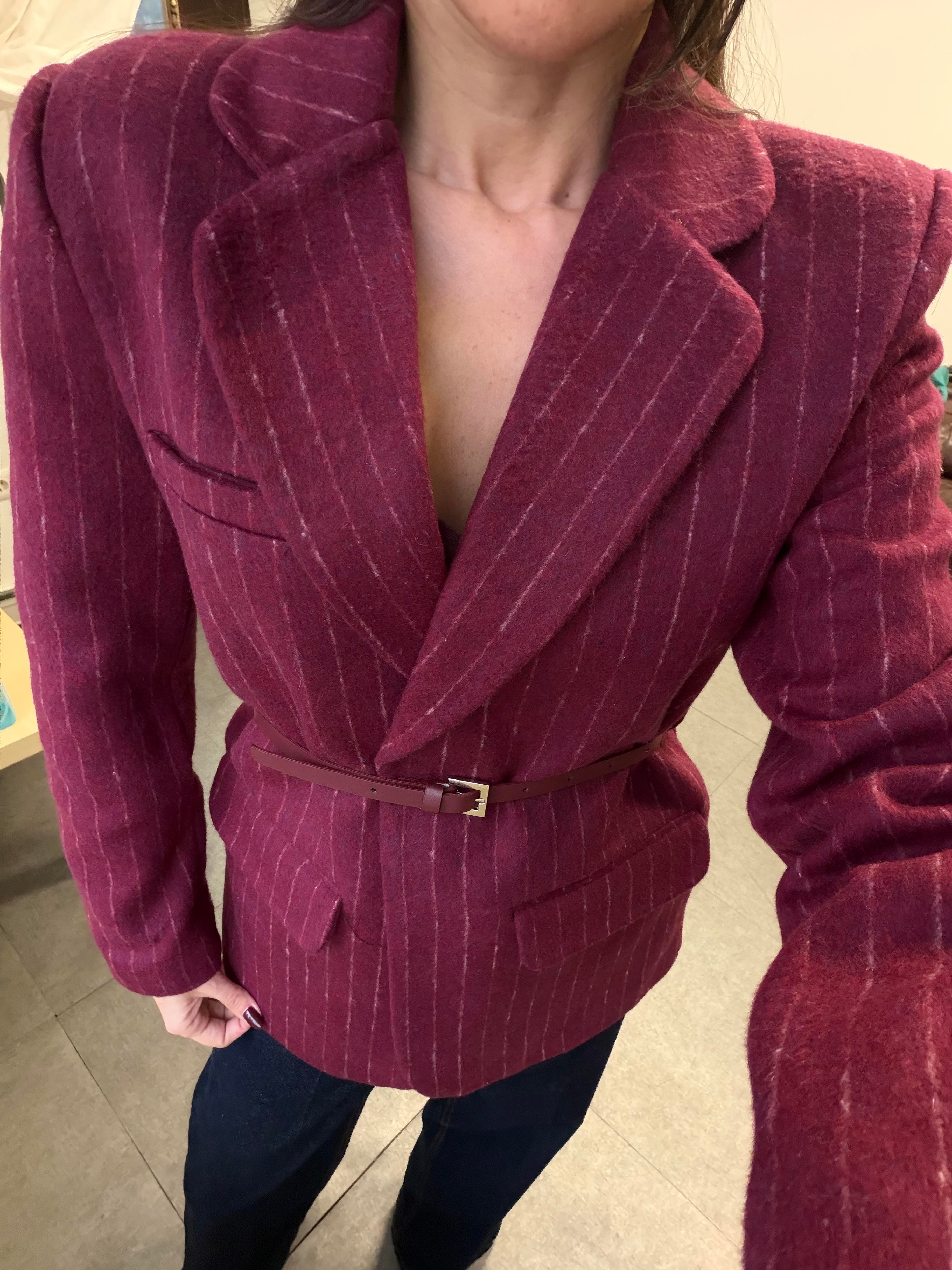 Bordo Çizgili Kemerli Blazer Ceket