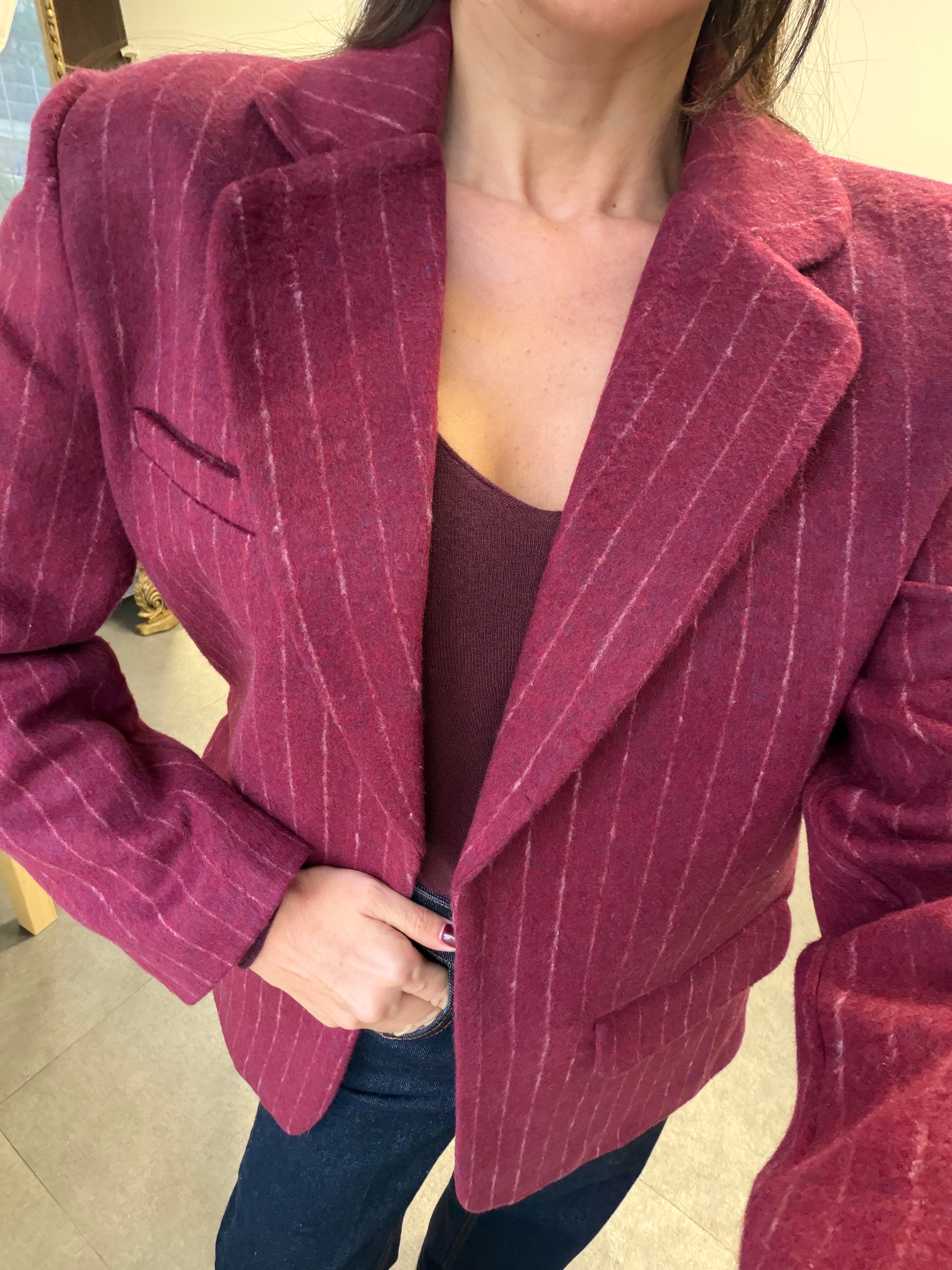Bordo Çizgili Kemerli Blazer Ceket