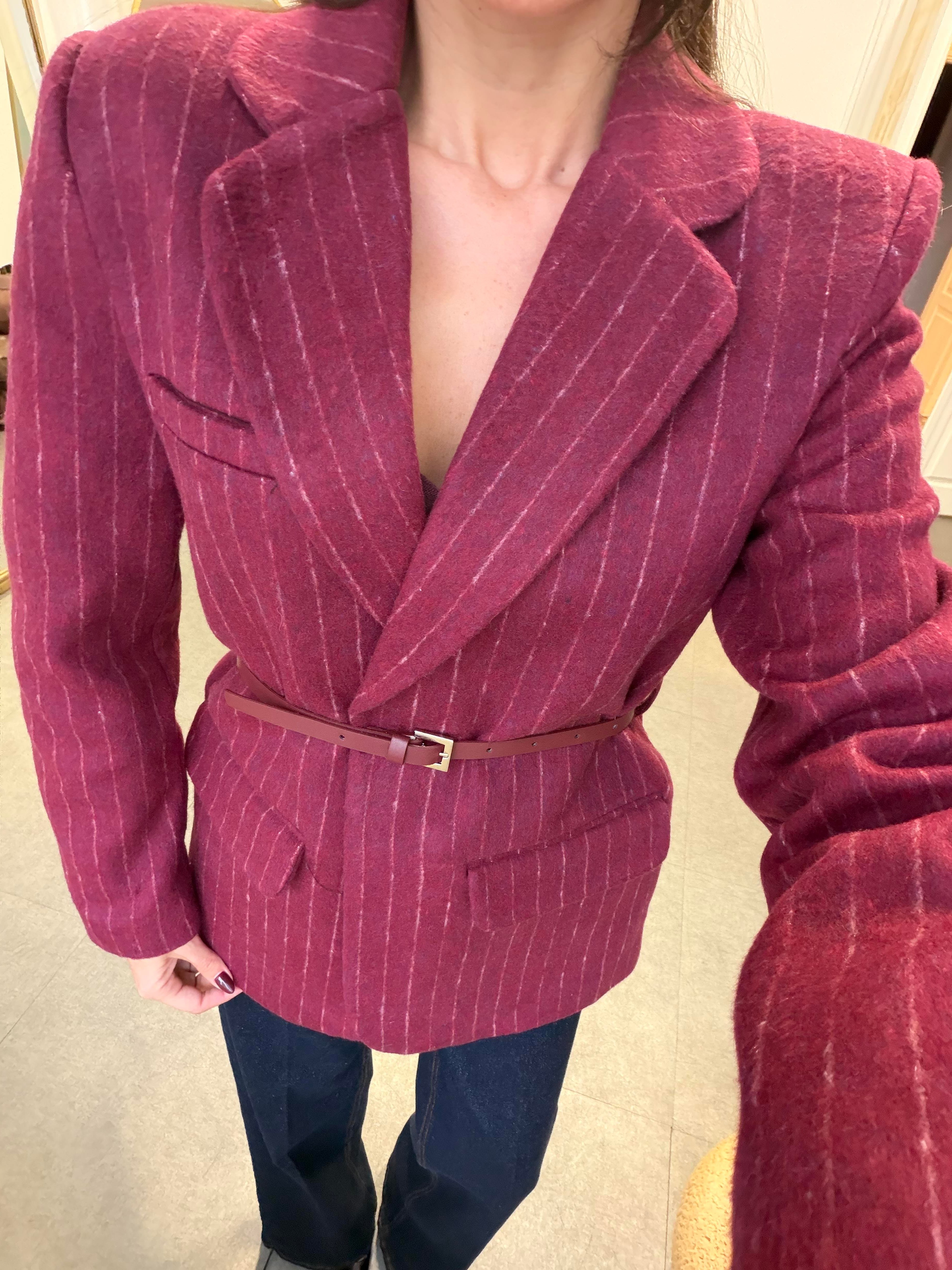 Bordo Çizgili Kemerli Blazer Ceket