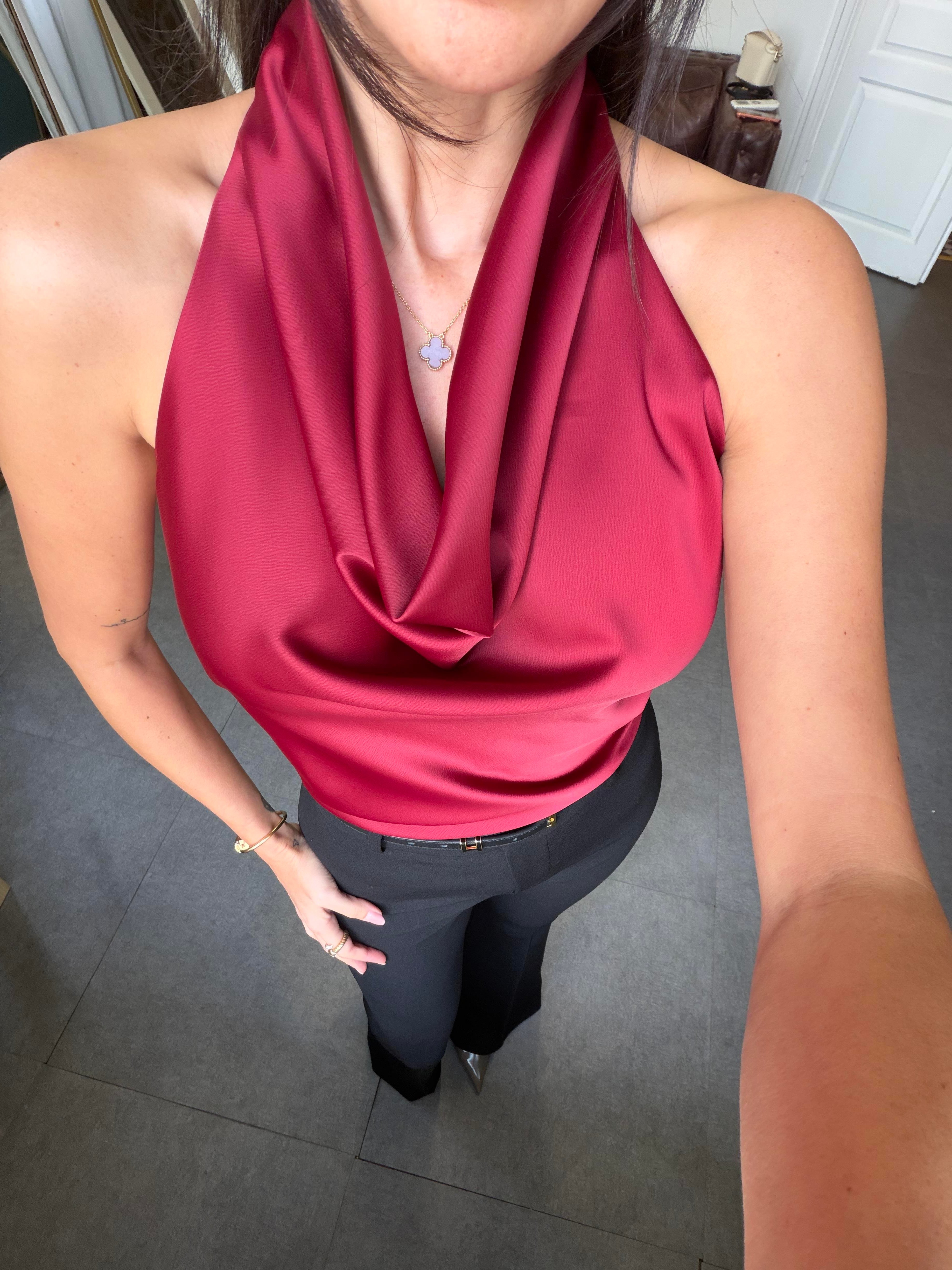 Bordo Degaje Yaka Saten Bluz