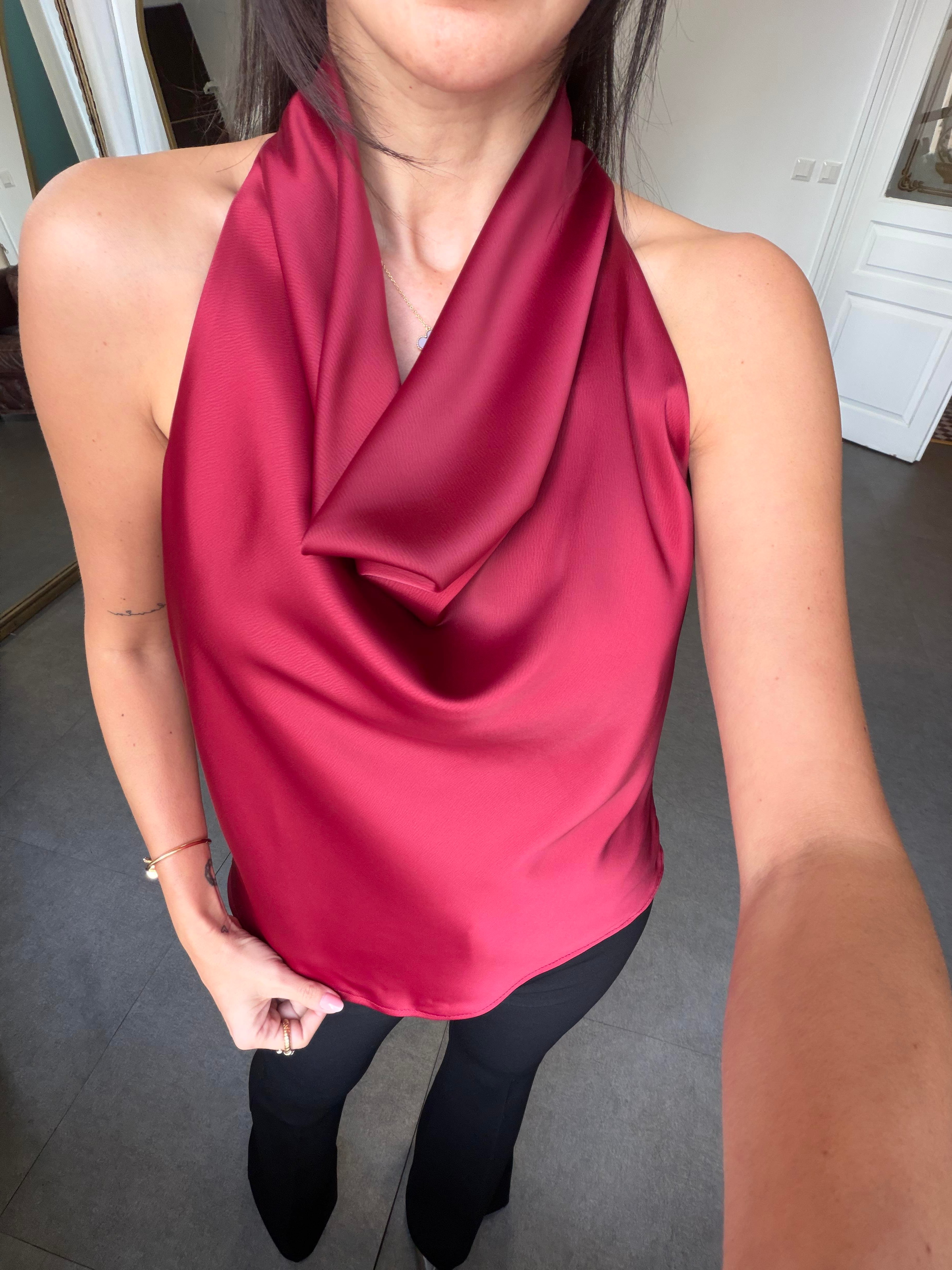 Bordo Degaje Yaka Saten Bluz