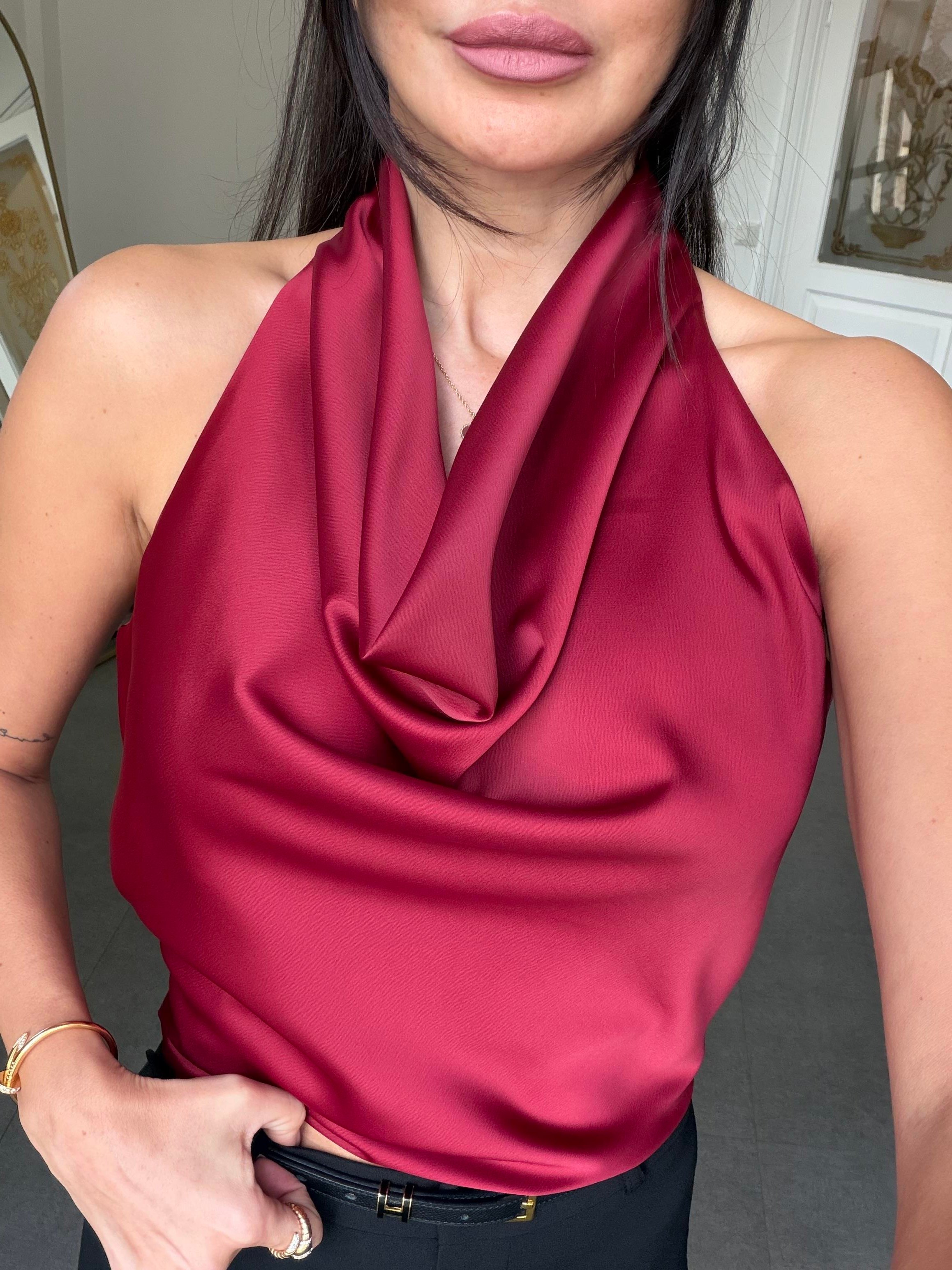 Bordo Degaje Yaka Saten Bluz