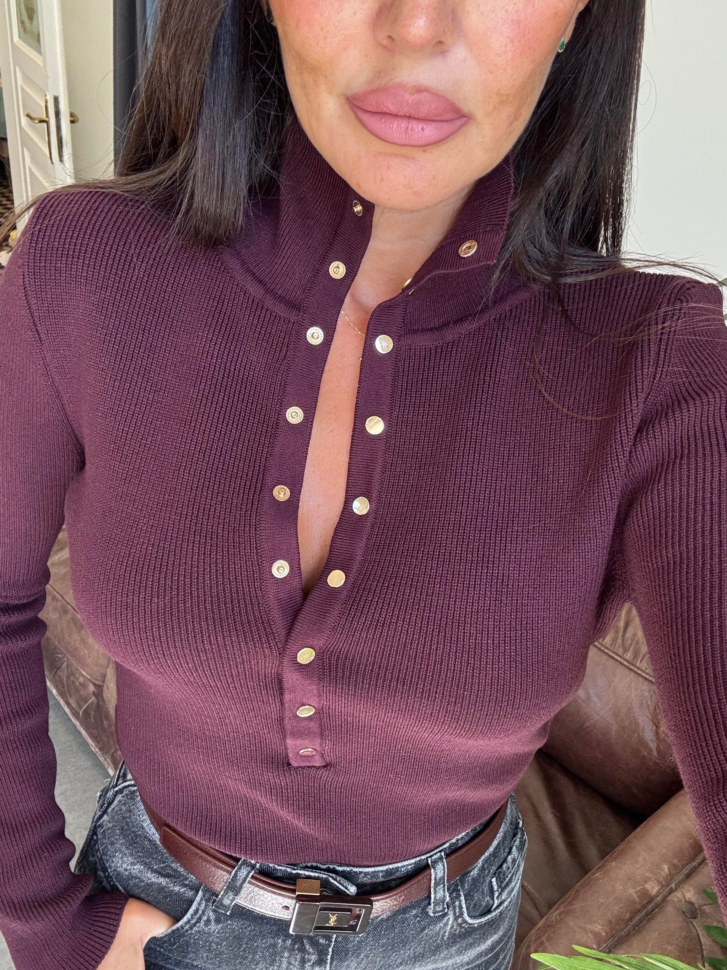 Bordo Dik Yaka Çıtçıtlı Triko Kazak