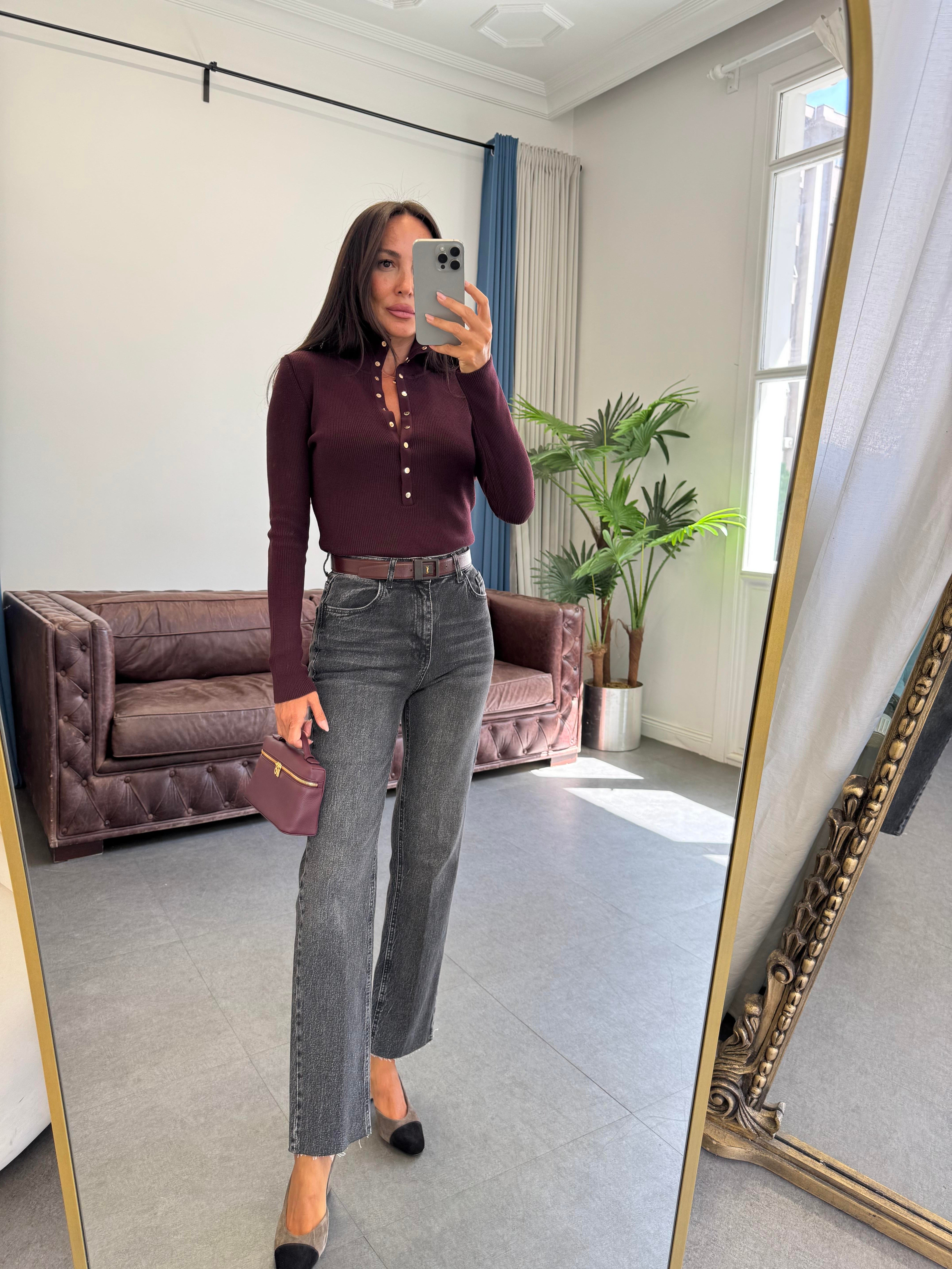 Bordo Dik Yaka Çıtçıtlı Triko Kazak