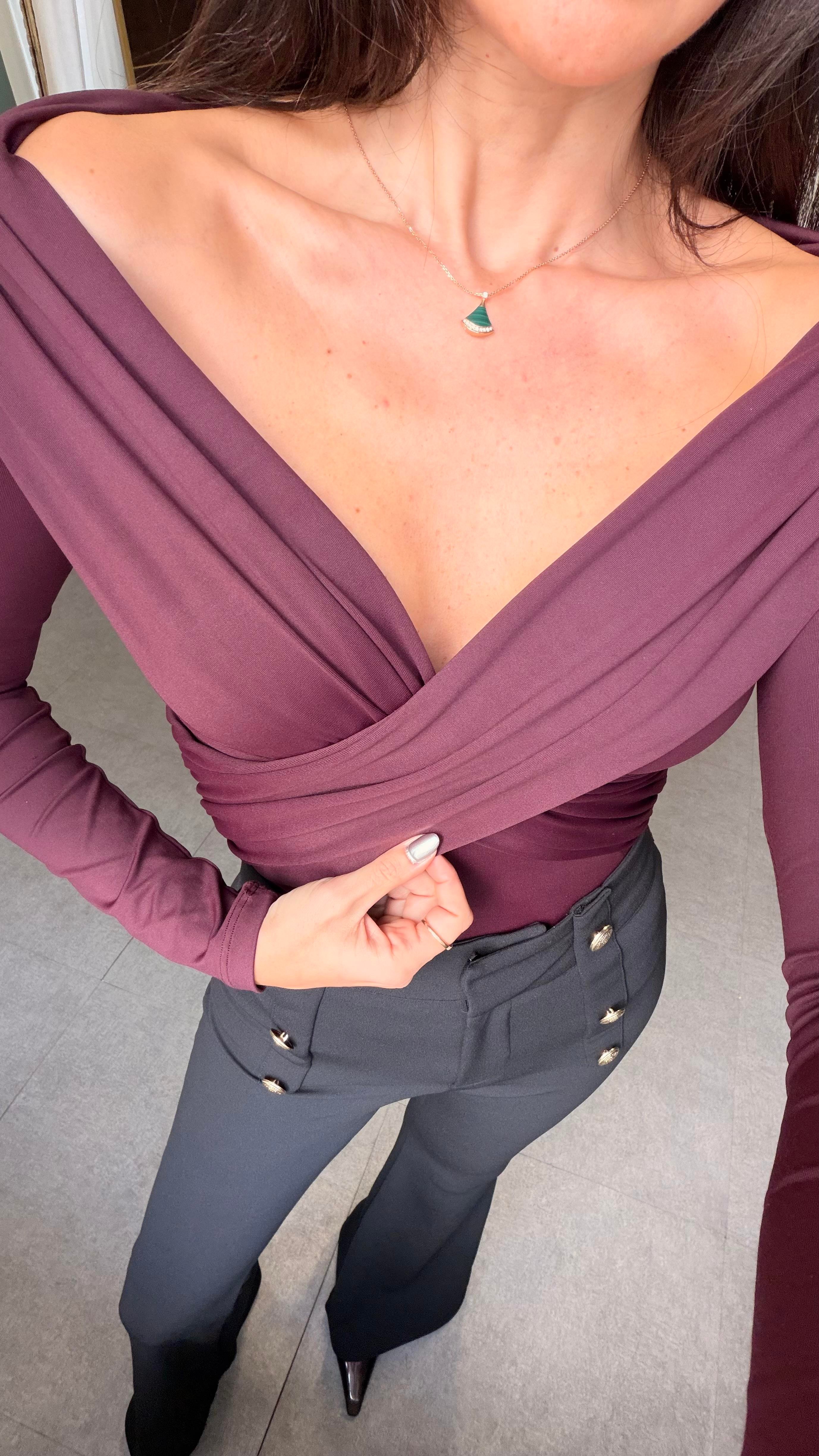 Bordo Drapeli Omzu Açık Bodysuit