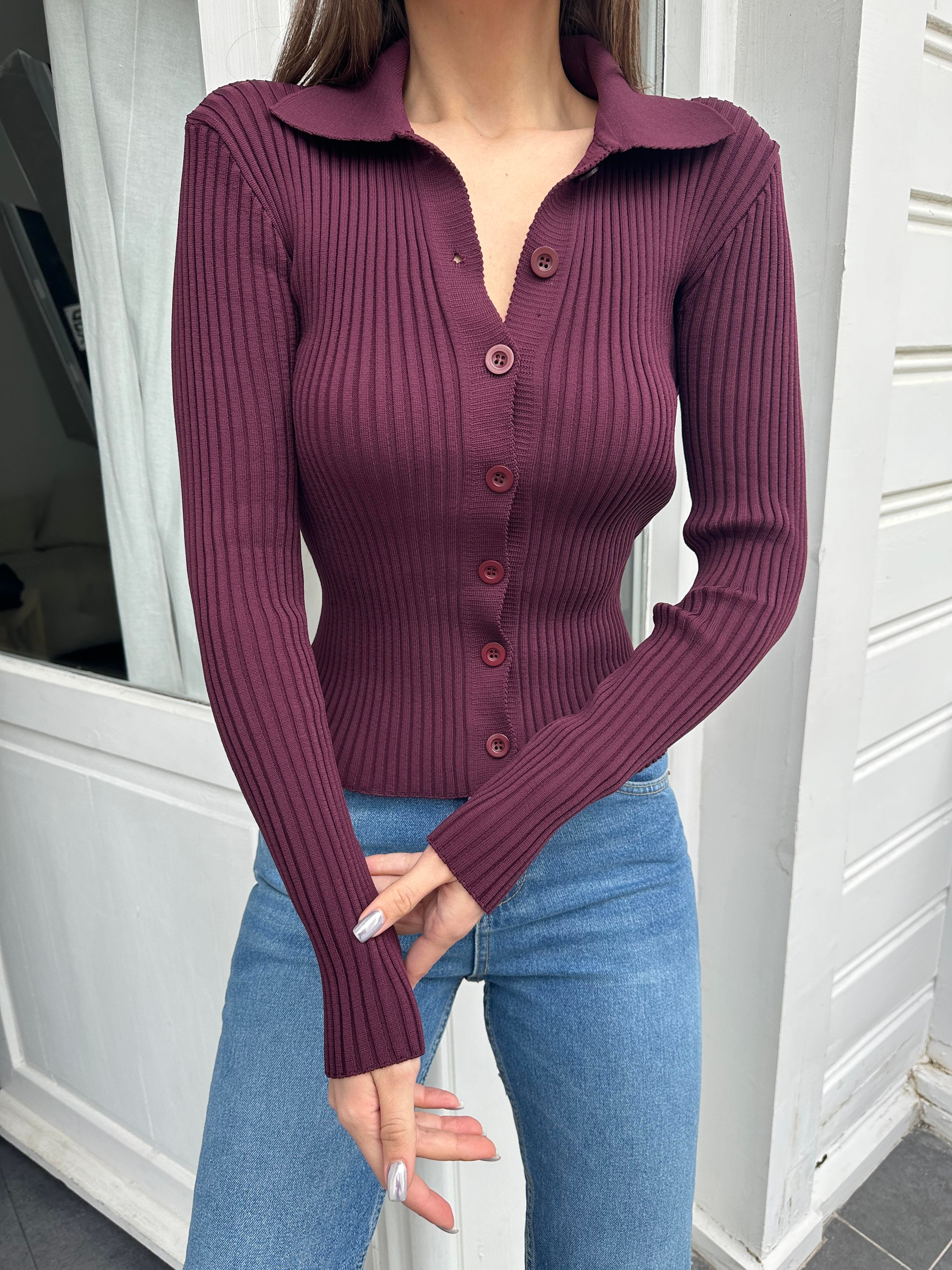 Bordo Gömlek Yaka Hırka