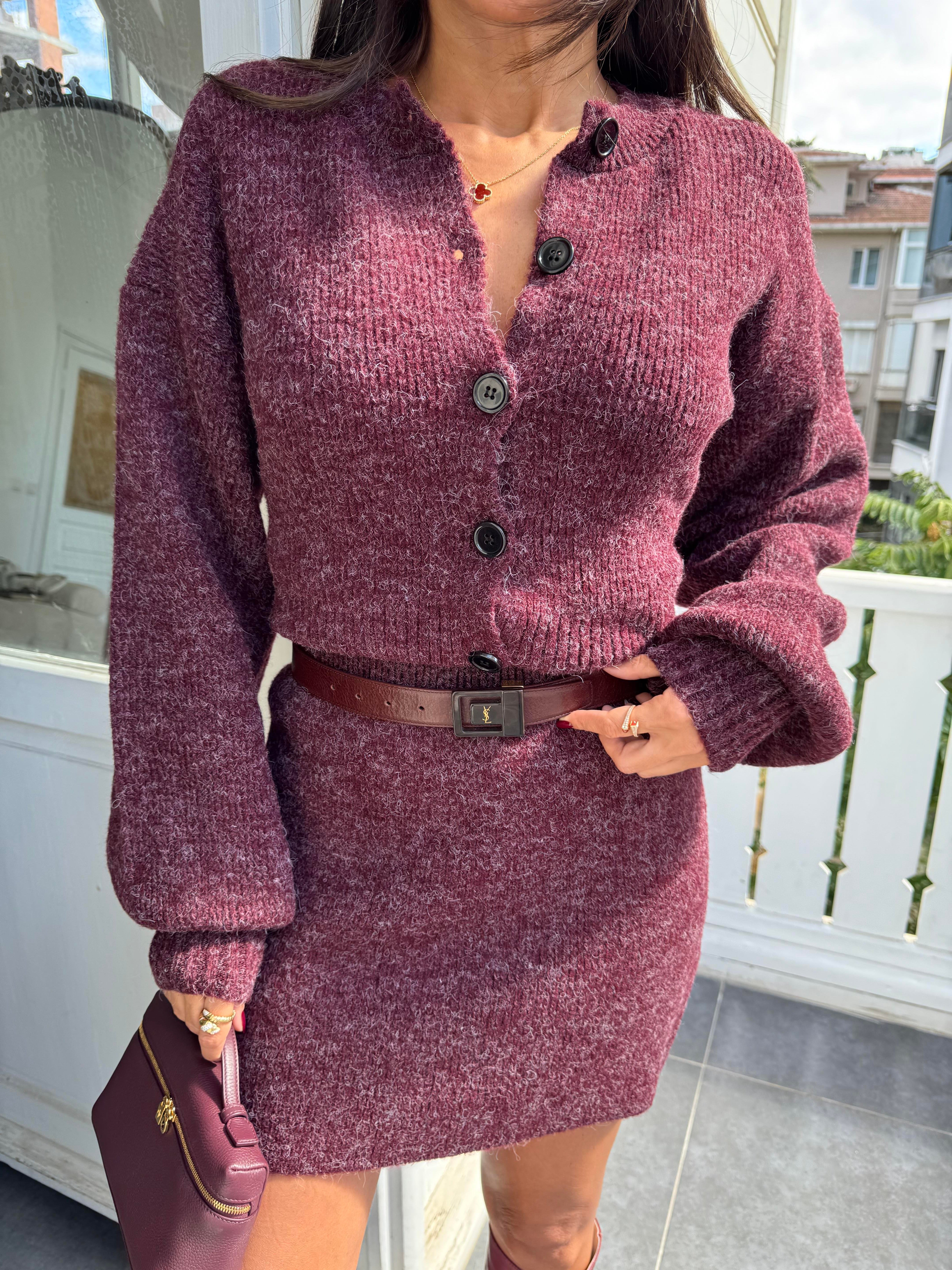 Bordo Kırçıllı Hırka Etek 2'li Takım