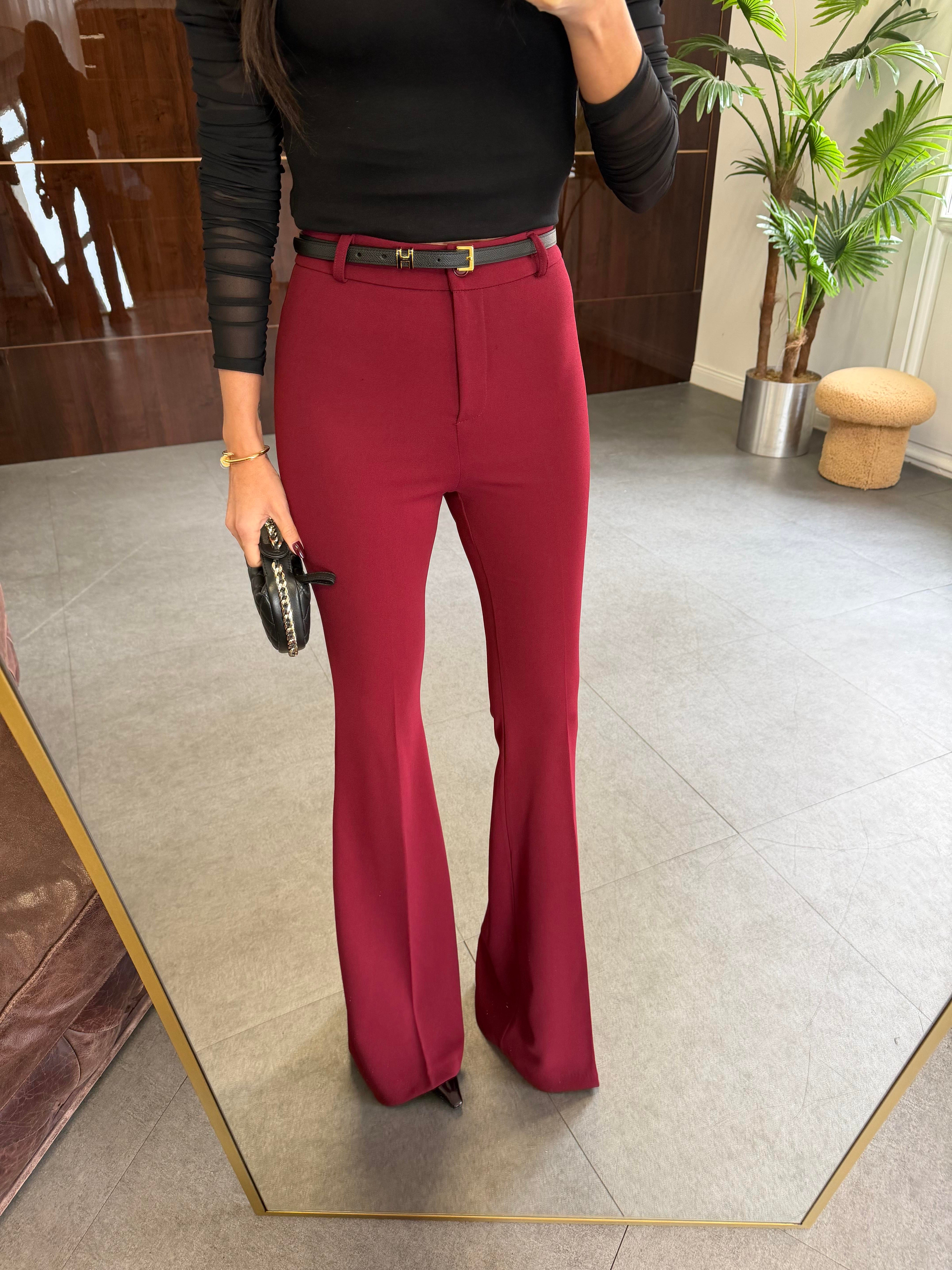 Bordo Likralı İspanyol Paça Kumaş Pantolon