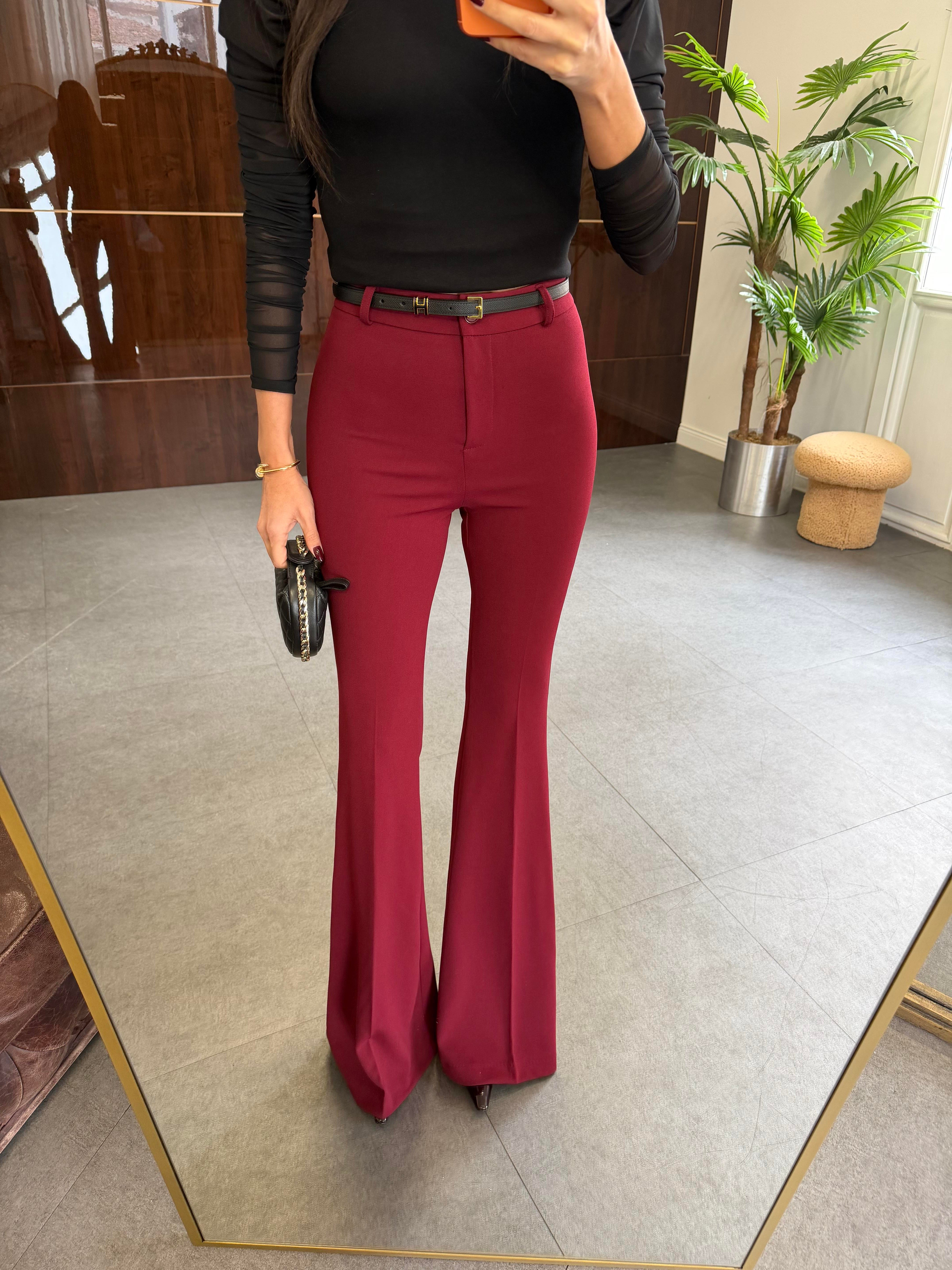 Bordo Likralı İspanyol Paça Kumaş Pantolon