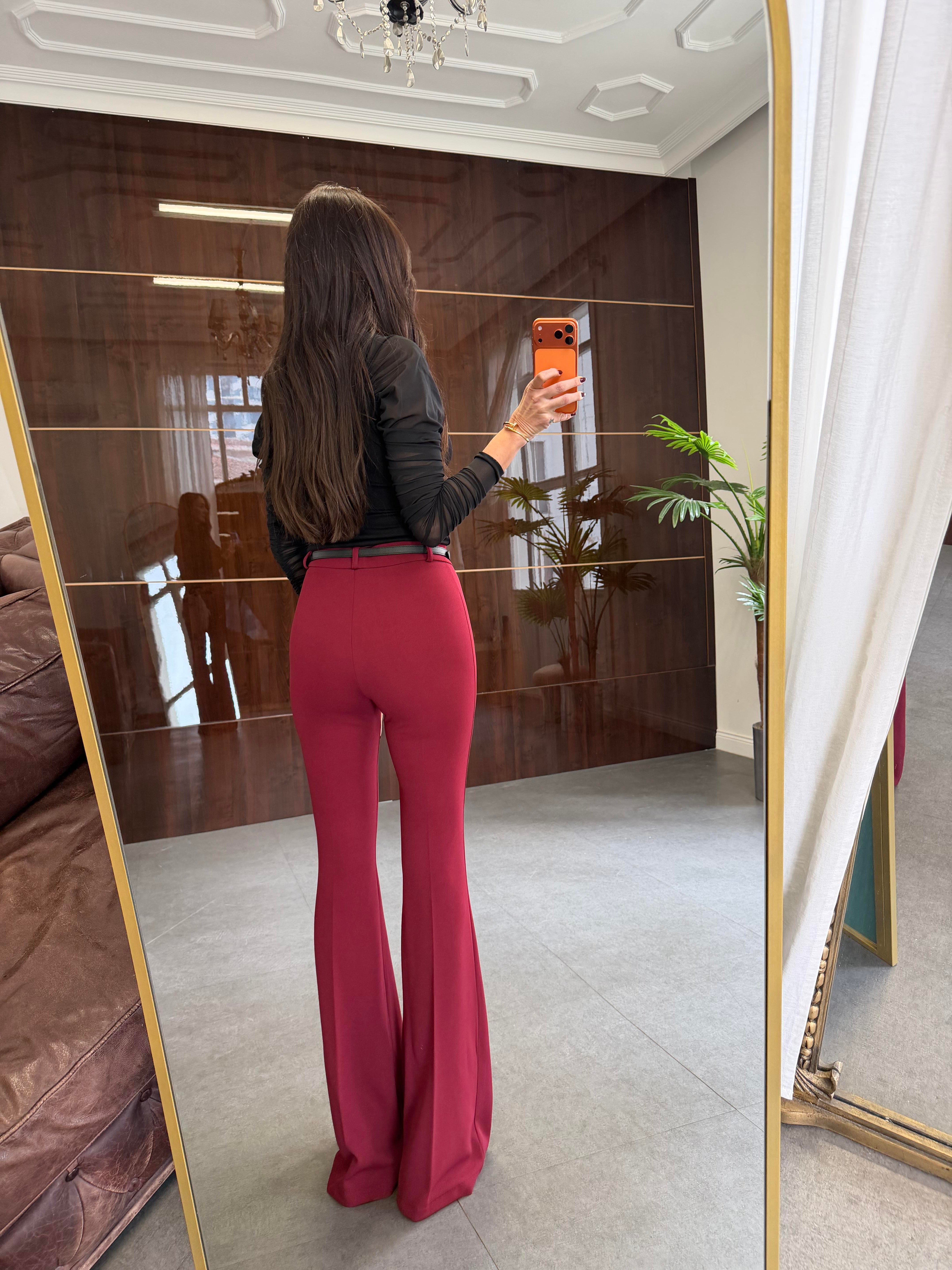 Bordo Likralı İspanyol Paça Kumaş Pantolon