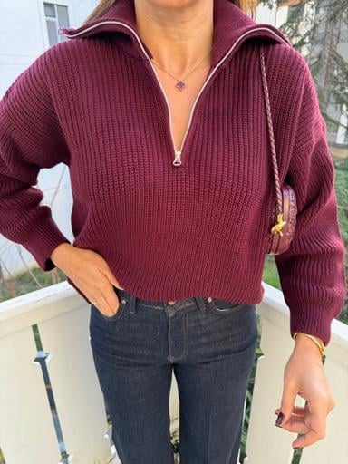 Bordo Polo Yaka Fermuarlı Kazak